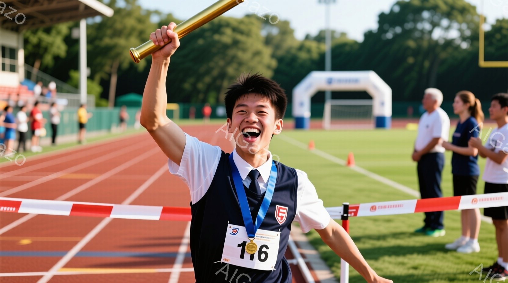 少年はトラックのレーンで、掲げたバトンを持って勝利を喜んでいます。紺色のタンクトップと白いシャツを着ており、胸にはメダルと「116」と書かれた番号札が付いています。背景には観客席や建物が見え、晴れた空の下で活気ある競技会の様子が伝わってきます。