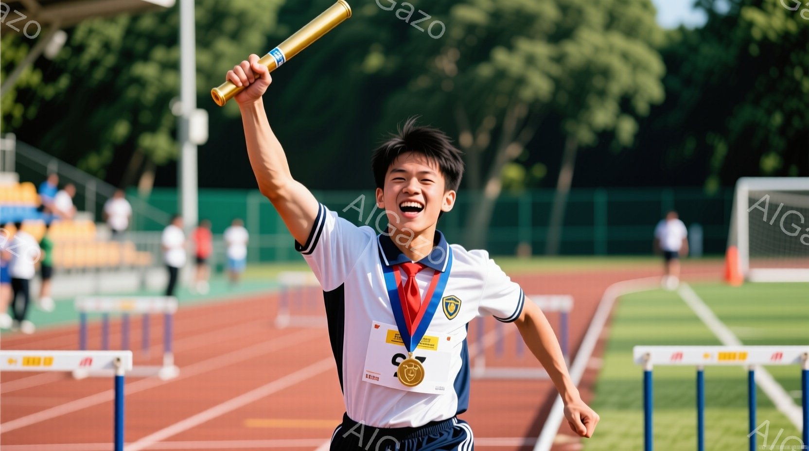 競技場で、一人の若い男性が勝利を祝っている様子が写っている。彼は黒い短パンと、白地に青と金のラインが入った短袖のシャツを着ており、胸にはいくつかのメダルと記章が飾られている。彼は右手を高く上げ、手に持ったバトンを掲げ、満面の笑みを浮かべている。
