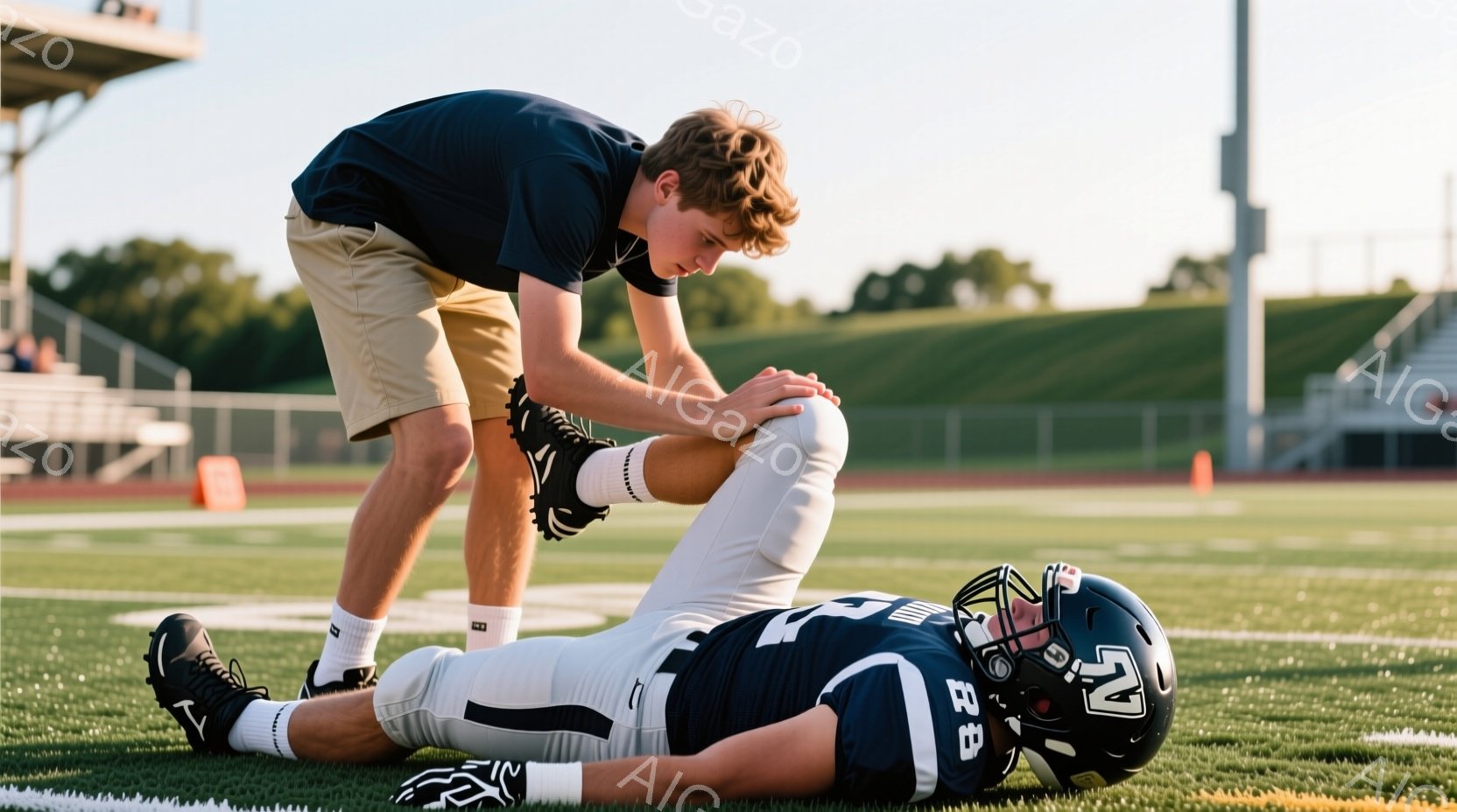 緑の芝生の上で、アメリカンフットボールの選手が倒れており、別の選手が彼の膝を心配そうに確認している。倒れている選手は紺色のユニフォームとヘルメットを着用し、もう一人の選手は黒いTシャツと短いパンツを着ている。背景には観客席と青空が見え、夕暮れ時の穏やかな雰囲気が漂っている。