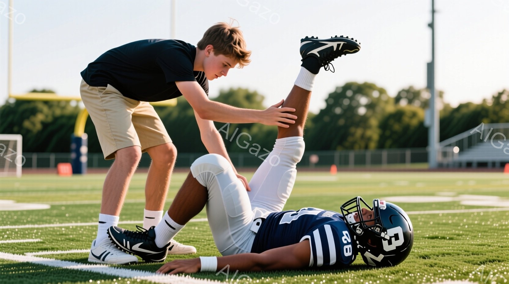 一人の若い男性が芝生の上で膝をつき、もう一人のフットボール選手を助けている。フットボール選手は青いユニフォームとヘルメットを着用し、足を高く上げられている。背景には緑の芝生、フットボールのゴールポスト、そして晴れた空が広がっており、スポーツの練習風景を示唆している。