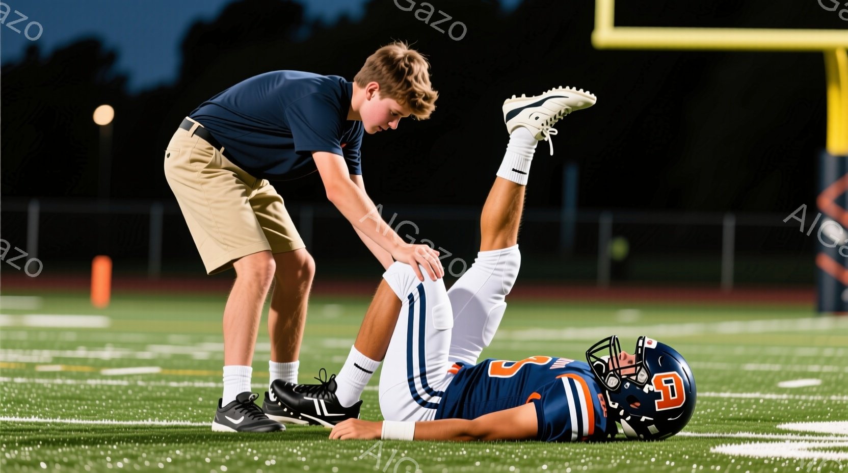 芝生のフィールドの上に、紺色のヘルメットとユニフォームを着た選手が倒れており、膝を抱えています。別の選手が紺色のTシャツと短パン姿で、倒れた選手の膝を支えようとしています。背景には夜のスタジアムの照明とフェンスが見え、スポーツイベントの終盤または中断の、少し憂鬱な雰囲気です。
