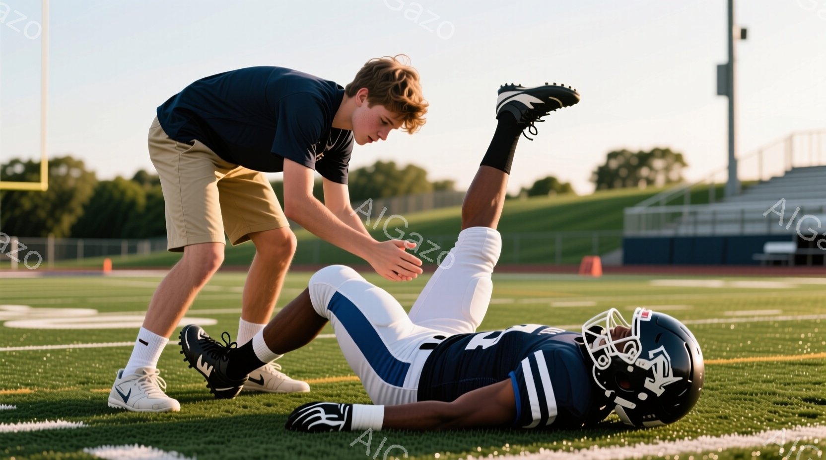 アメフトの選手がフィールドに倒れており、別の若い男性が彼を助けようとしています。倒れている選手は、青と黒のユニフォームとヘルメットを着用し、片足を高く上げています。背景には緑の芝生、オレンジ色のコーン、観客席、そして晴れた空が見え、夕暮れ時の穏やかな雰囲気が漂っています。
