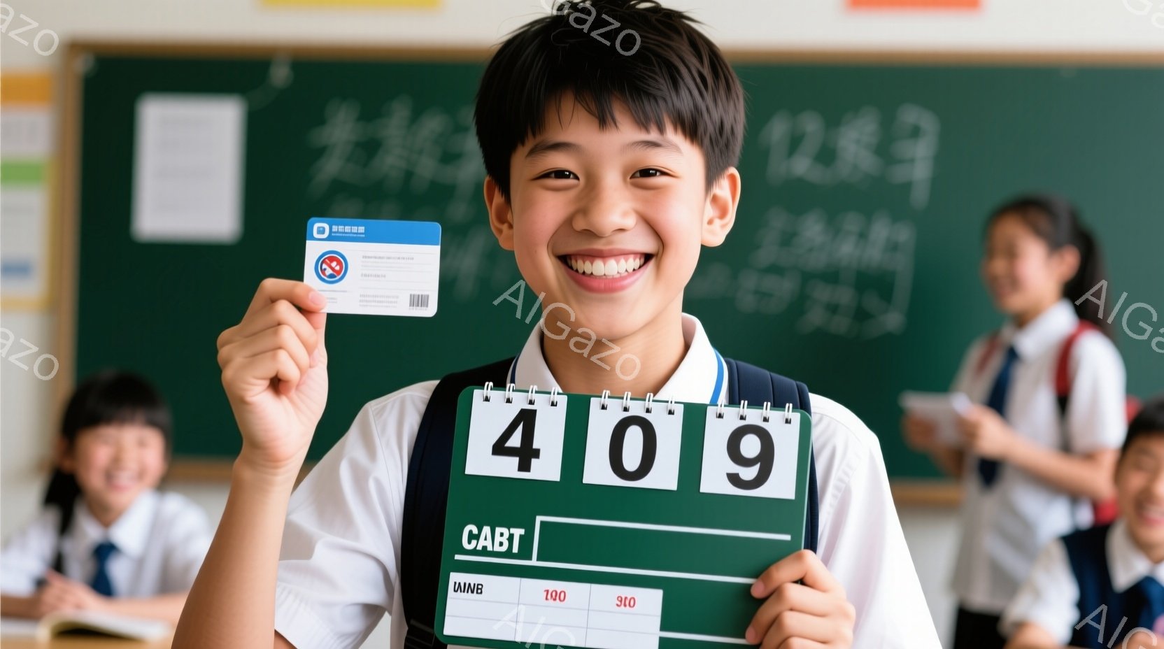 茶髪の短い髪型をした少年が、満面の笑みを浮かべながら、数字「409」が書かれたボードと身分証明書のようなカードを手に持っています。彼は白いシャツに紺色のベスト、ネクタイ姿で、教室の前に立っています。背景には他の生徒が座っており、黒板には文字が書かれ、教室の明るい雰囲気を感じさせます。