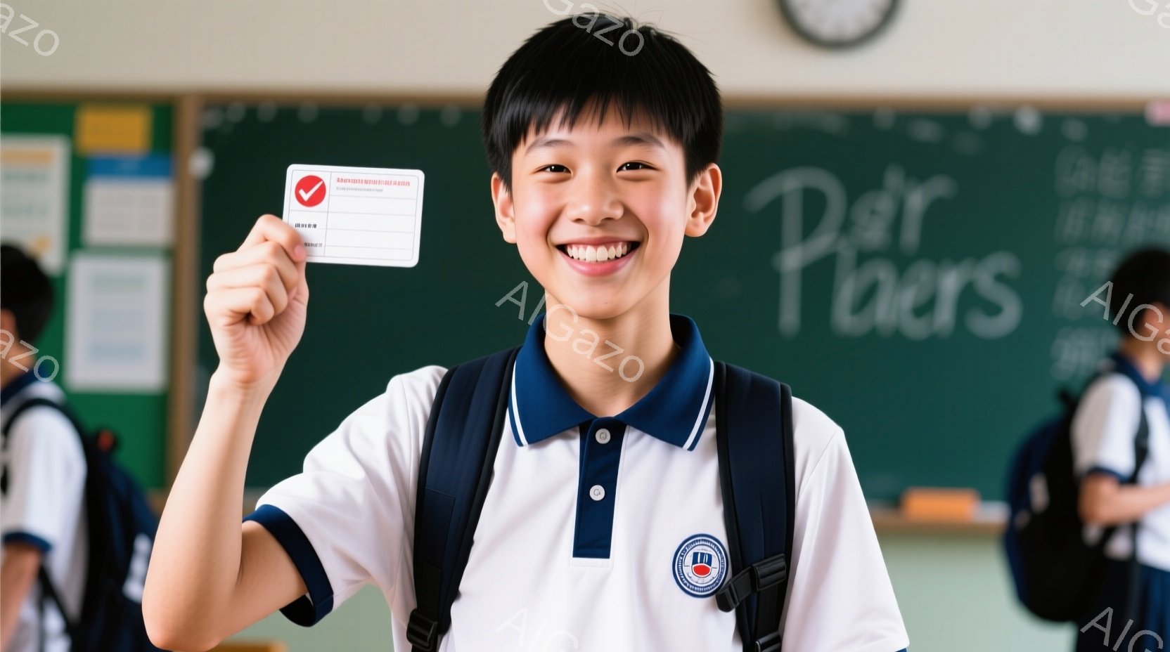 制服姿の少年が、満面の笑みで何かを掲げています。紺色のポロシャツにグレーのズボンを着用し、肩にはリュックサックを背負っています。背景には黒板があり、他の生徒も写っていますが、少年が中心に捉えられ、明るく希望に満ちた雰囲気が漂っています。