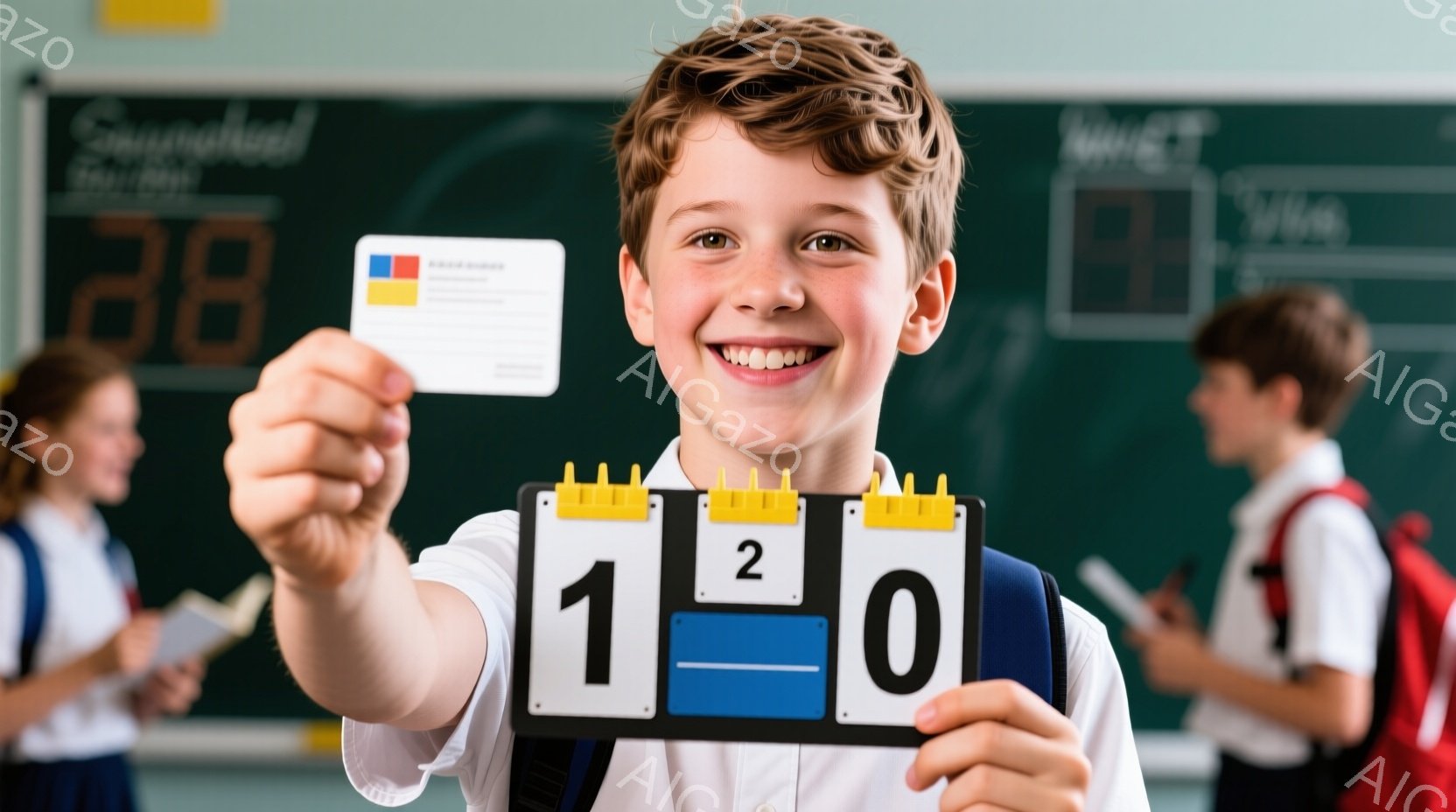 一人の少年が、サッカーのスコアボード「1-0」を持って笑顔でカメラに向かっています。彼は白いシャツと青いネクタイを着用し、リュックサックを背負っています。背景には、他の生徒と黒板があり、教室のような室内であることがわかります。