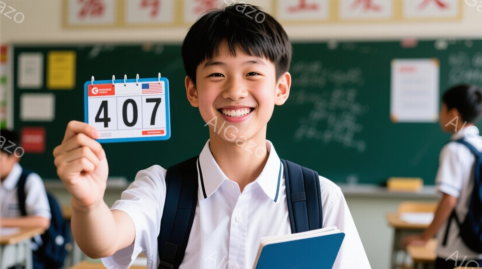 少年は教室で笑顔でカメラに向かって手を伸ばし、赤いカード（数字の407が書かれている）を提示しています。彼は白いシャツにネクタイ、制服のような服を着ており、黒髪で前髪が少し流れています。教室には他の生徒もおり、黒板と机が並び、明るく活気のある雰囲気です。
