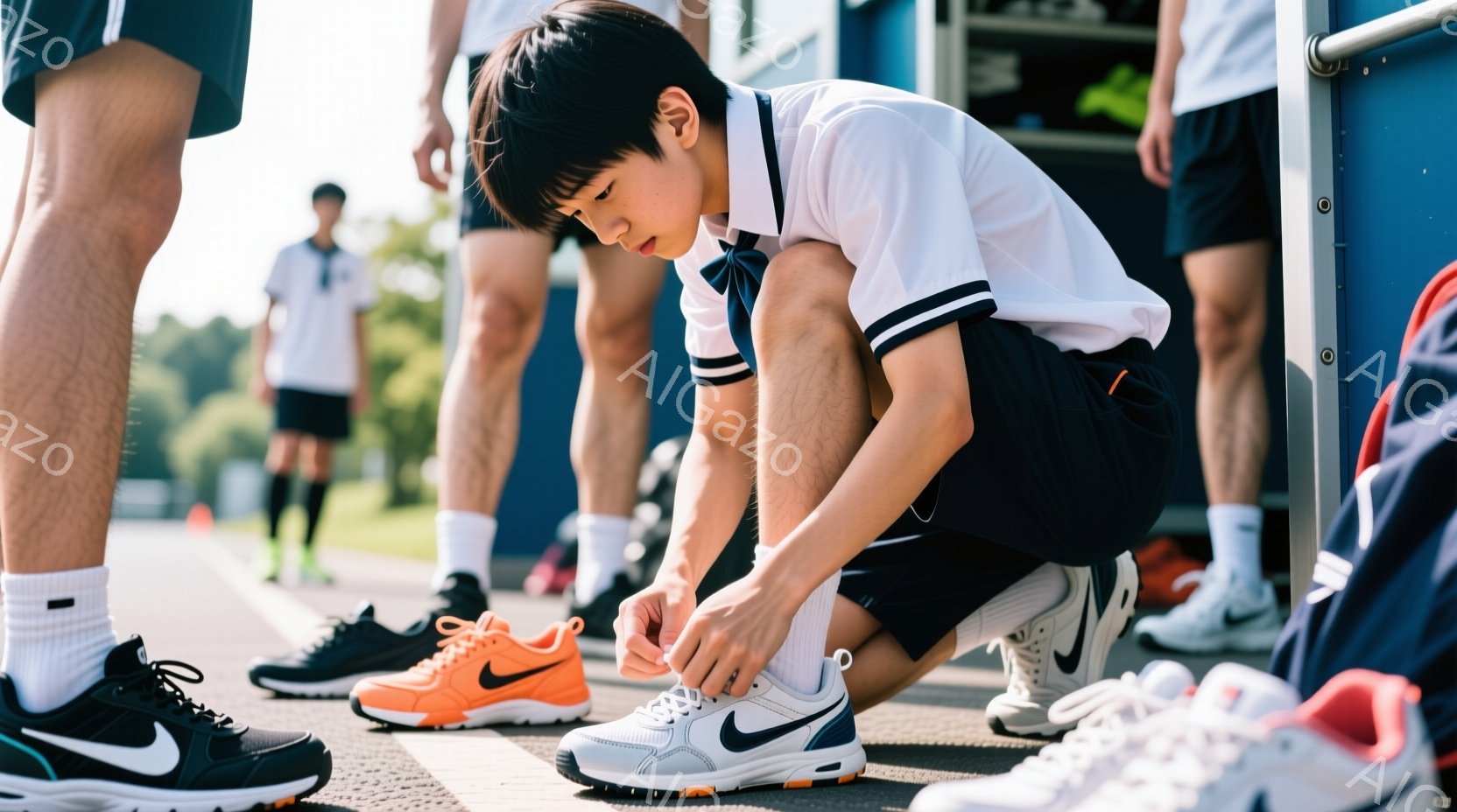 少年は体育館のような場所で靴紐を結んでいます。白い短袖シャツに黒いショートパンツ、白いソックスを履いており、オレンジと白のランニングシューズを履いています。背景には他の少年たちや体育館の壁が見え、晴れた日の屋外で練習や試合の準備をしている様子が伺えます。