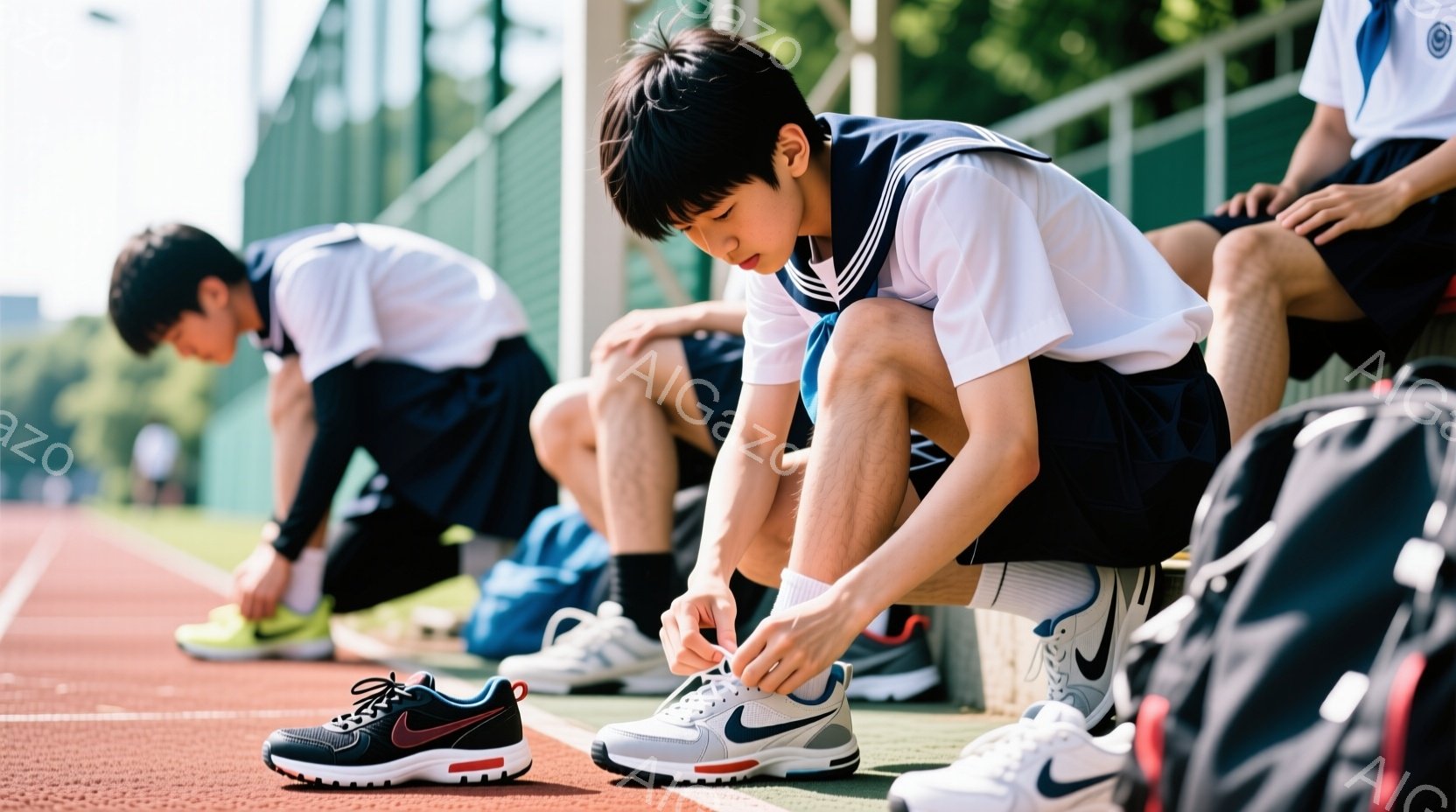 陸上競技場のトラックの横に座っている少年が、集中して自分の靴紐を結んでいます。彼は白い短袖のユニフォームに黒い短パン、そしてランニングシューズを履いており、黒髪を短く切った整髪で、前かがみの姿勢で真剣な表情をしています。背景には他の部員と思しき少年たちが座っており、トラックの赤い路面と、その先の緑豊かな風景が広がっています。