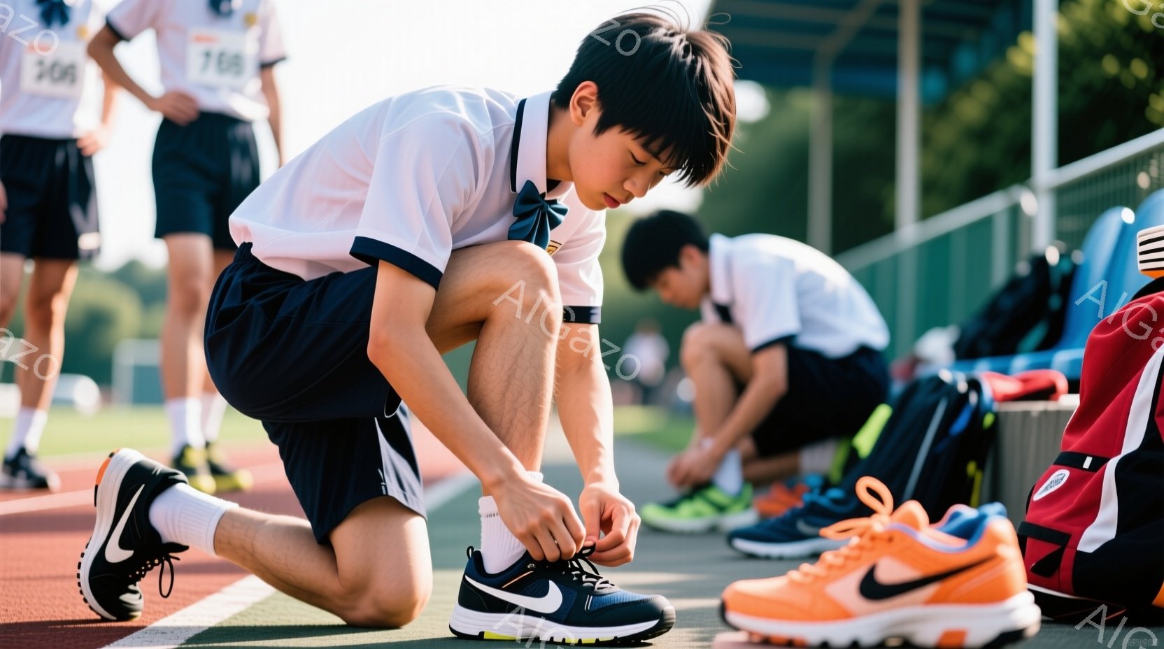 短い髪の男の子が、陸上競技場のトラックサイドにひざまずいて靴紐を結んでいます。白い襟付きのシャツと黒い短パンを着用しており、集中した表情で靴を見つめています。背景には他の選手や緑豊かな自然、そして晴れた空が見え、練習風景の活気ある雰囲気が伝わってきます。