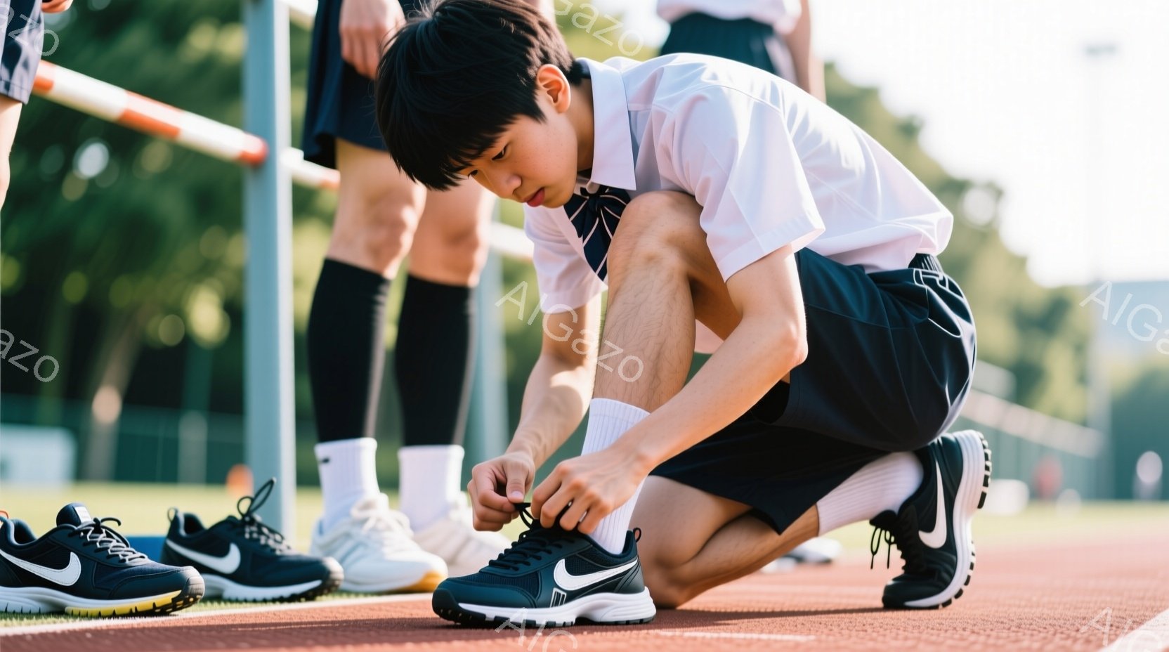 男子はトラックに膝をつき、自分のスニーカーの靴紐を結んでいます。彼は白いシャツと黒い短パン、そして白いソックスを着用しており、短髪で前髪が少しかかっています。背景には他の生徒たちの足が見え、緑豊かな自然とトラックが広がっており、晴れた日の活気ある雰囲気が漂っています。