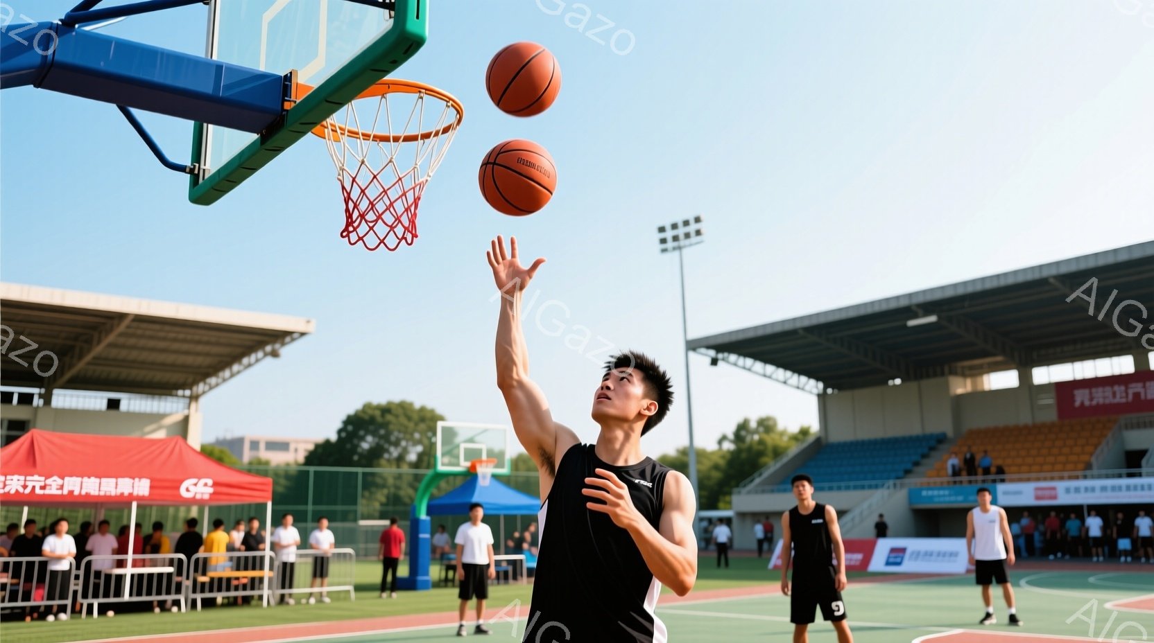 バスケットボールコートで若い男性がシュートを打とうとしている瞬間を捉えた写真です。彼は黒のタンクトップとショーツを着用し、短髪で引き締まった表情をしています。背景には観客席や建物が見え、晴天の下、活気ある競技が行われている様子が伺えます。