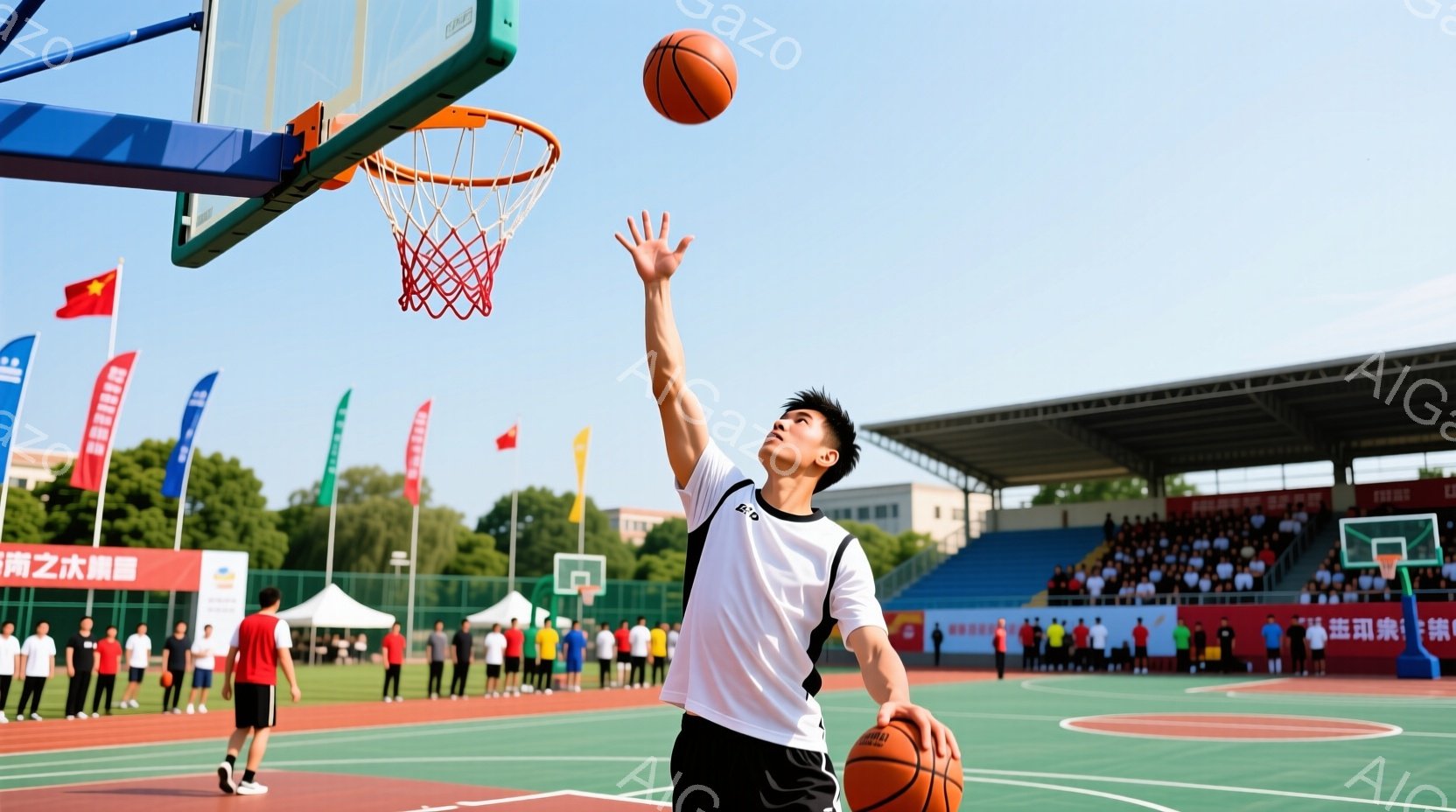 バスケットボールコート上で、白と黒のユニフォームを着た若い男性がジャンプシュートを放っています。彼は黒髪で、集中した表情で、片手を高く上げてボールを放とうとしています。背景には観客席や建物が見え、青空と緑の木々が広がっており、明るく活気のある雰囲気です。