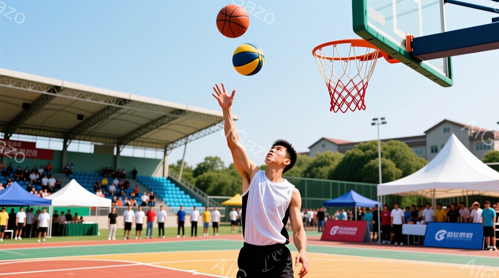 屋外バスケットボールコートで、若い男性がジャンプシュートを打とうとしている瞬間を捉えた写真です。彼は白いタンクトップと黒いショーツを着用し、髪は短く整えられています。背景には、観客席、テント、そして晴天の下の建物が見え、活気のあるスポーツイベントの雰囲気が漂っています。