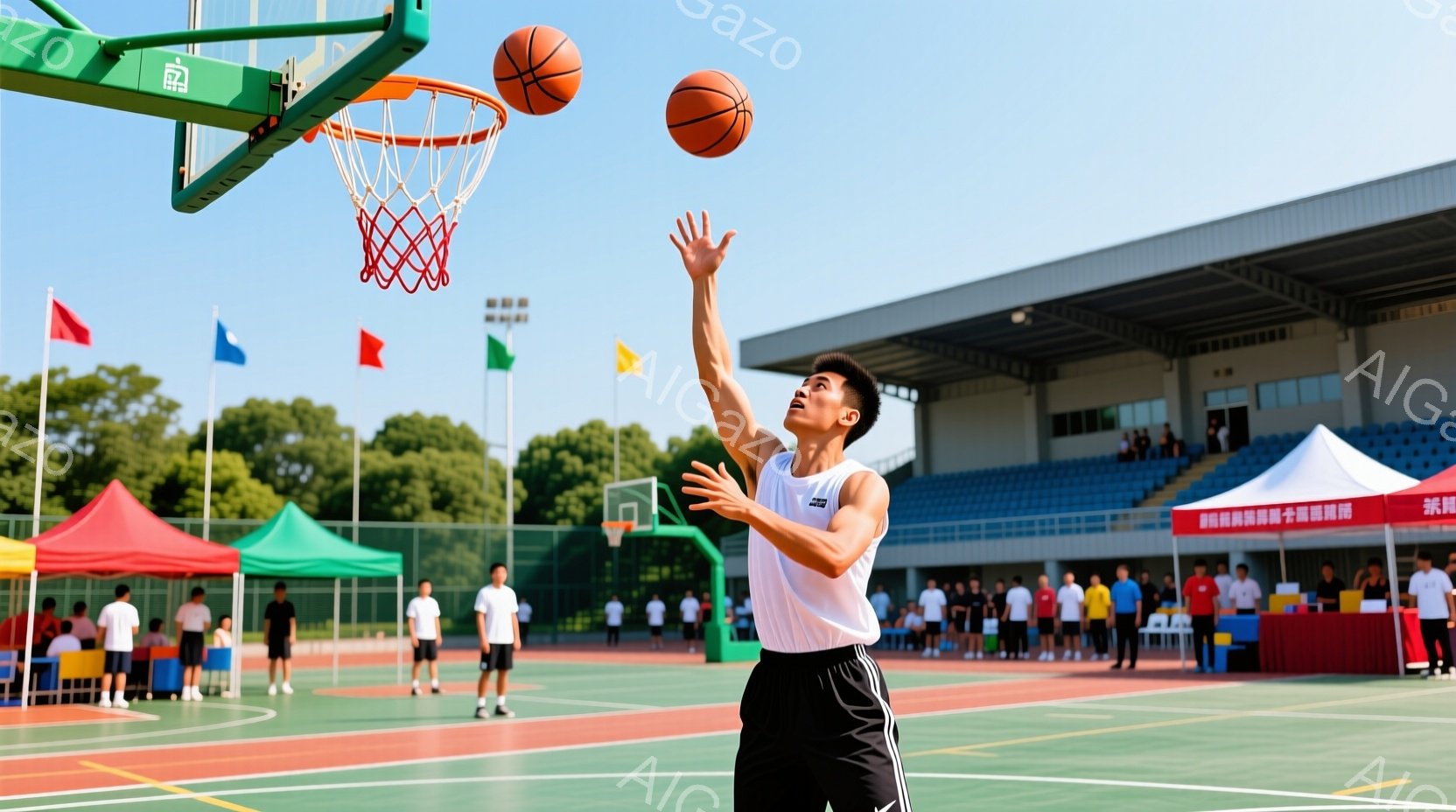 男子がバスケットボールコートでシュートを打とうとしています。彼は白いTシャツと黒いショートパンツを着用し、髪は短く整えられています。背景には観客席、テント、そして青空が広がり、活気に満ちた屋外スポーツイベントの雰囲気が伝わってきます。