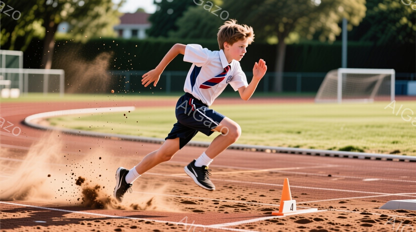 少年はトラックを疾走しており、左足を大きく踏み出している様子が捉えられています。白いポロシャツに濃い青色の短パン、黒いスニーカーを着用し、髪は短く整えられています。背景には緑の芝生、オレンジ色のコーン、遠くに見える建物があり、晴れた日の屋外での運動の様子が伝わってきます。