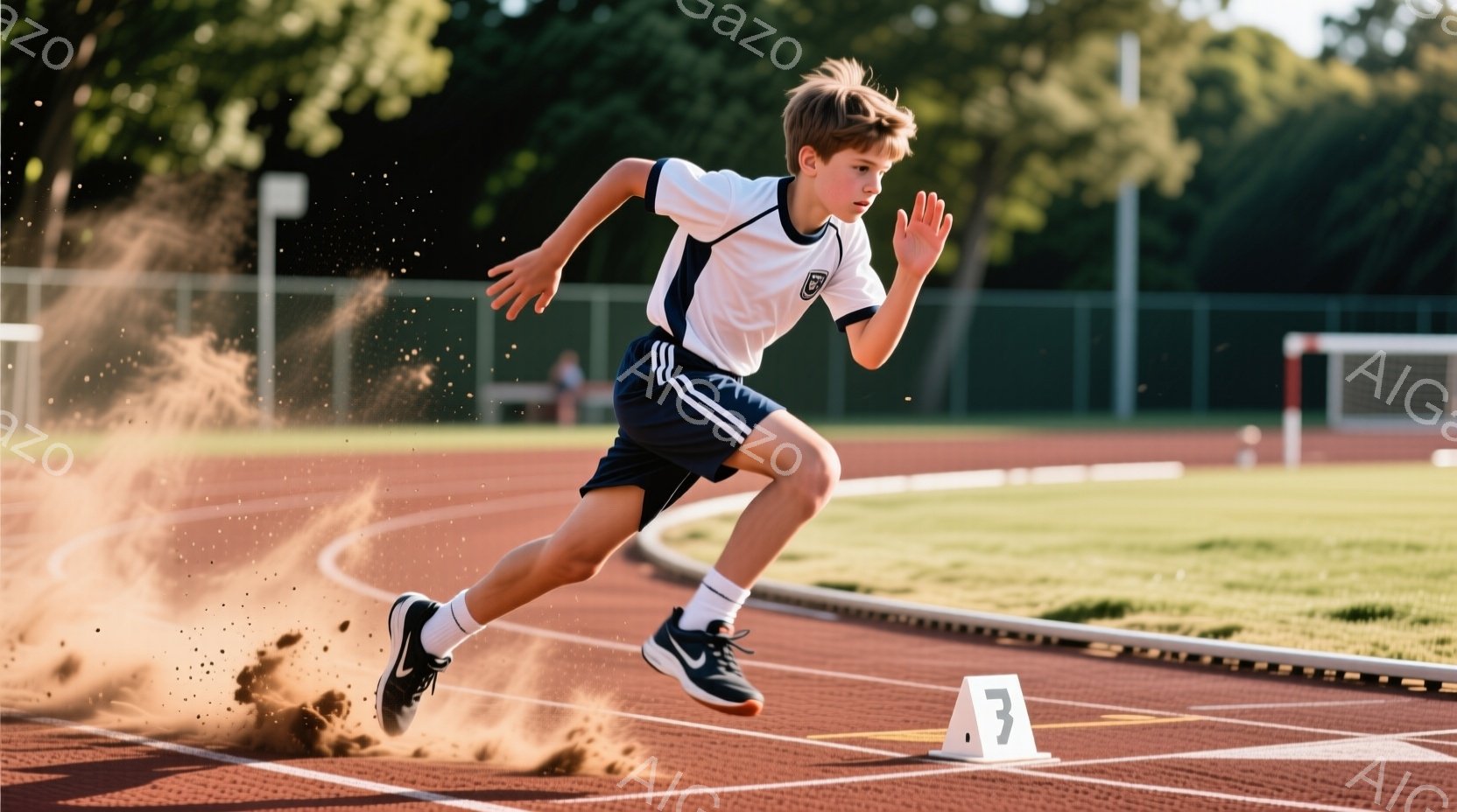 少年はトラックで走り、片足を高く上げて勢いよく前進している。白い半袖シャツと紺色の短パンを着用し、黒いスニーカーを履いている。背景には緑の芝生とフェンス、そしてぼんやりと見える建物があり、晴れた日の活気ある競技の様子が伝わってくる。