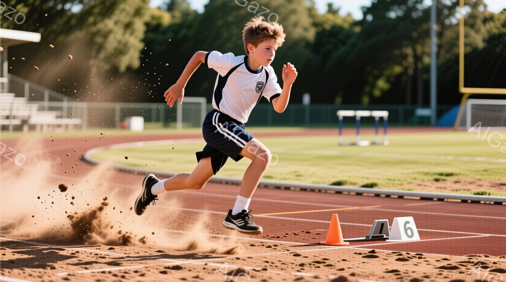 少年は競技場で走り、土が飛び散っています。彼は白いポロシャツと紺色の短パンを着用し、金髪を短く切っています。背景にはトラック、観客席、そして晴れた空が見え、活気のある競技の雰囲気が伝わってきます。