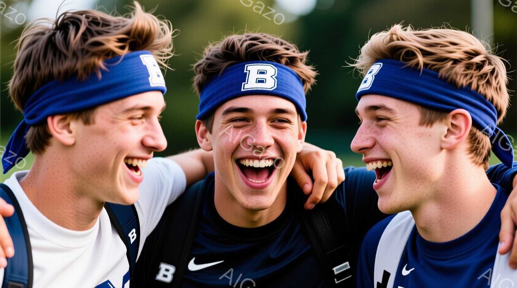 ３人の若い男性が肩を組んで笑っています。彼らは白いスポーツシャツと青いヘッドバンドを身に着けており、シャツには「B」とナイキのロゴが入っています。背景には緑豊かな木々が見え、晴れた日の屋外で、活気に満 - AI生成フリー素材