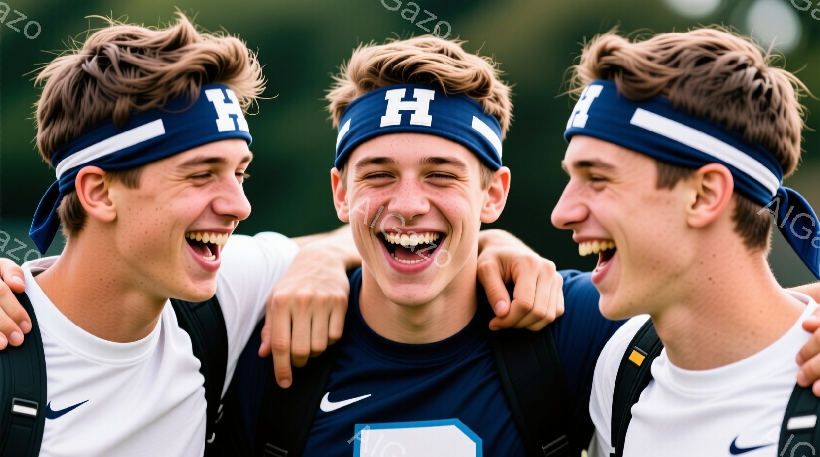 三人の若い男性が肩を組み、満面の笑みを浮かべている。彼らは白いスポーツシャツと紺色のヘッドバンド（「H」の文字入り）を着用し、運動後または試合後の喜びを表現しているようだ。背景には緑豊かな木々が見え、 - AI生成フリー素材