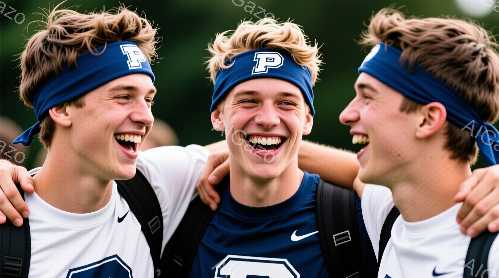 三人の若い男性が肩を組み、満面の笑みを浮かべている。彼らは紺色のシャツに白いロゴ、そして頭には「P」の文字が入った青いヘッドバンドを着用している。背景は緑豊かな自然で、晴れた日差しが差し込み、彼らの活 - AI生成フリー素材