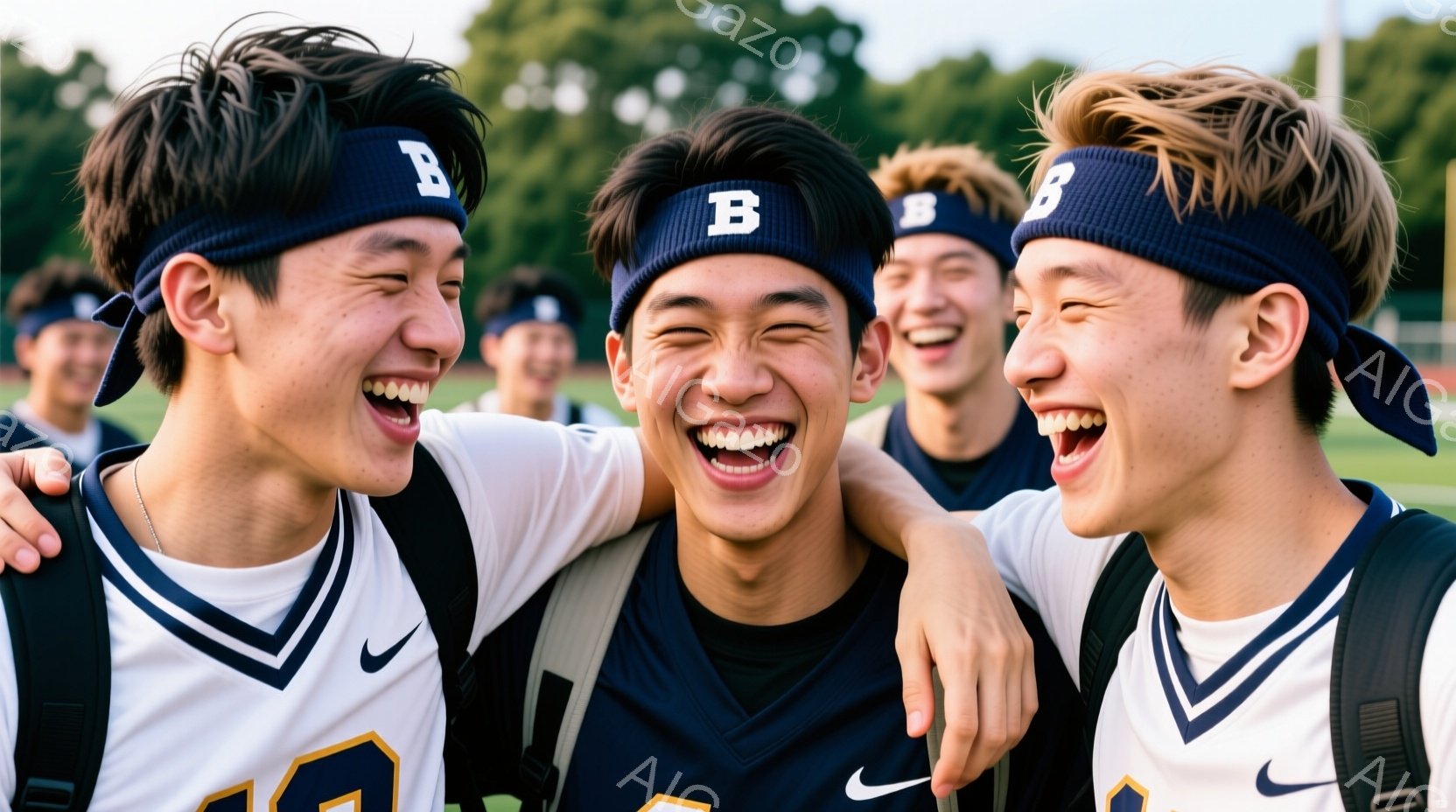 ３人の若い男性が、紺色のヘッドバンドを身につけ、白い野球ユニフォームを着て、抱き合って笑っている。彼らは皆、髪を少し無造作にセットし、満面の笑みを浮かべており、喜びと興奮に満ち溢れている。背景には緑の芝生とぼやけた他のチームメイトが見え、晴れた日のスポーツイベントの興奮を伝えている。