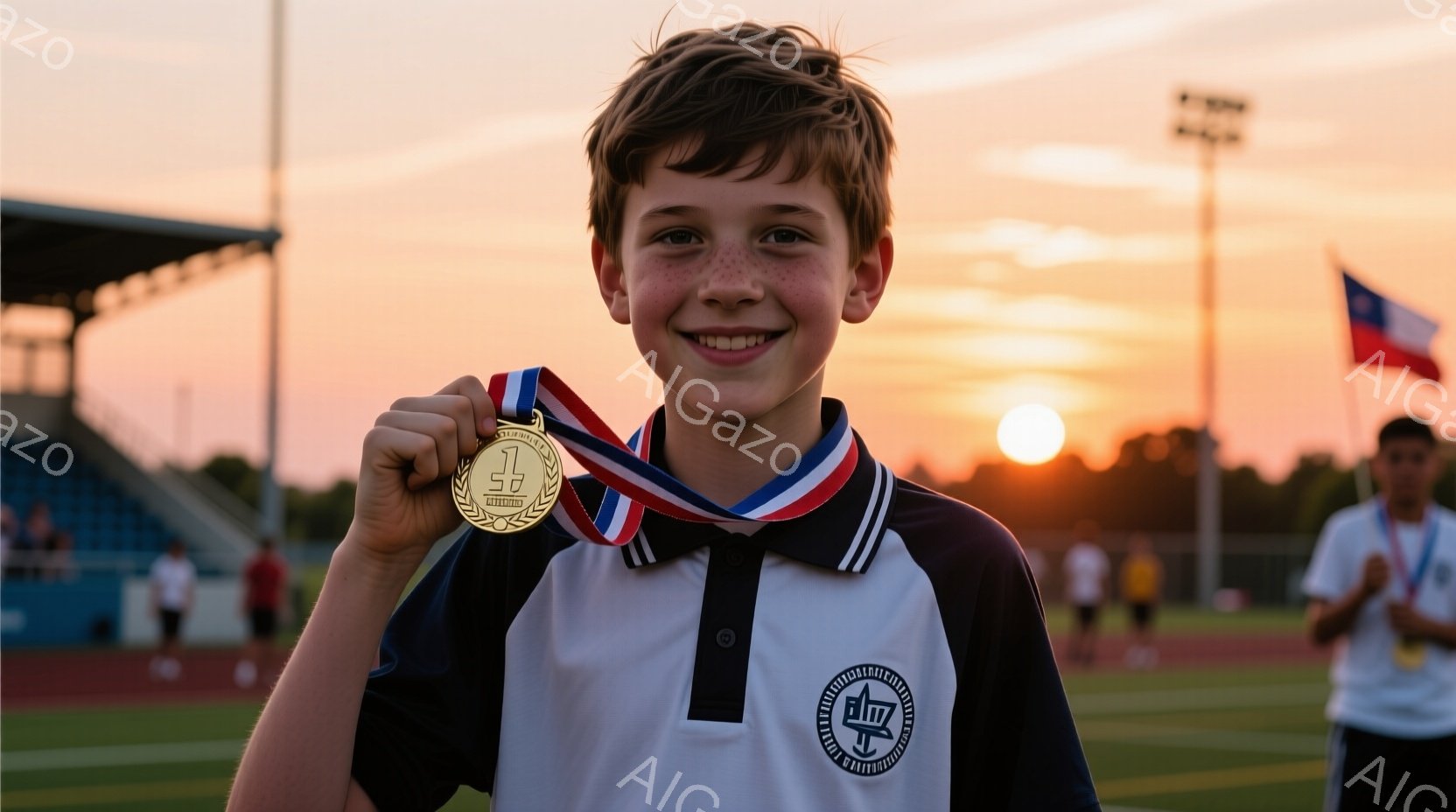 金色のメダルを首から下げ、白いポロシャツを着た少年が正面を向いて微笑んでいる。背景には緑のサッカー場、観客席、そして夕焼け空が広がり、全体的に温かく勝利を祝うような雰囲気が漂っている。少年の髪は明るい茶色で、そばかすが特徴的である。