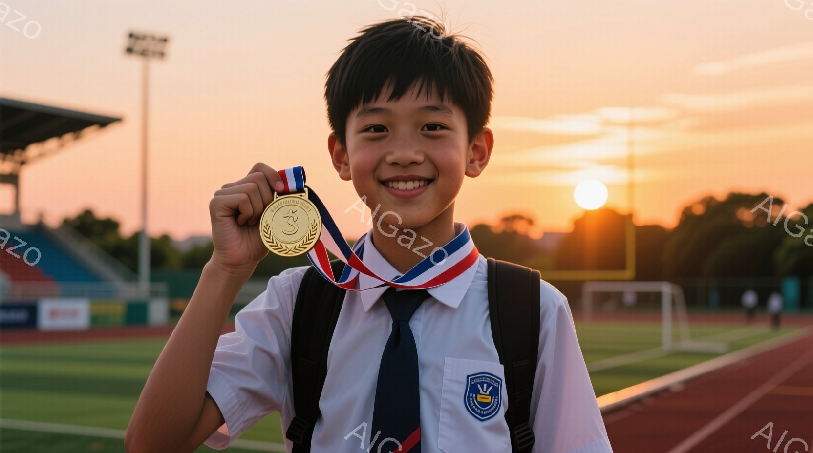 制服を着た少年が、金色のメダルを誇らしげに見せています。彼は短髪で、満面の笑みを浮かべており、背景にはトラック競技場とゴールネットが見えます。夕暮れ時で、空はオレンジ色に染まり、温かく希望に満ちた雰囲気です。