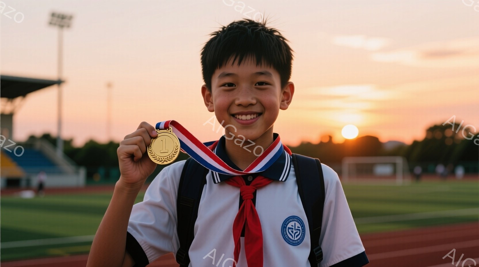 少年は金色のメダルを手に、明るい笑顔を見せています。ネイビーブルーの襟と袖が特徴的な制服を着ており、赤と白のネクタイがアクセントになっています。背景にはトラック競技場と夕焼け空が広がり、温かく希望に満ちた雰囲気が漂っています。
