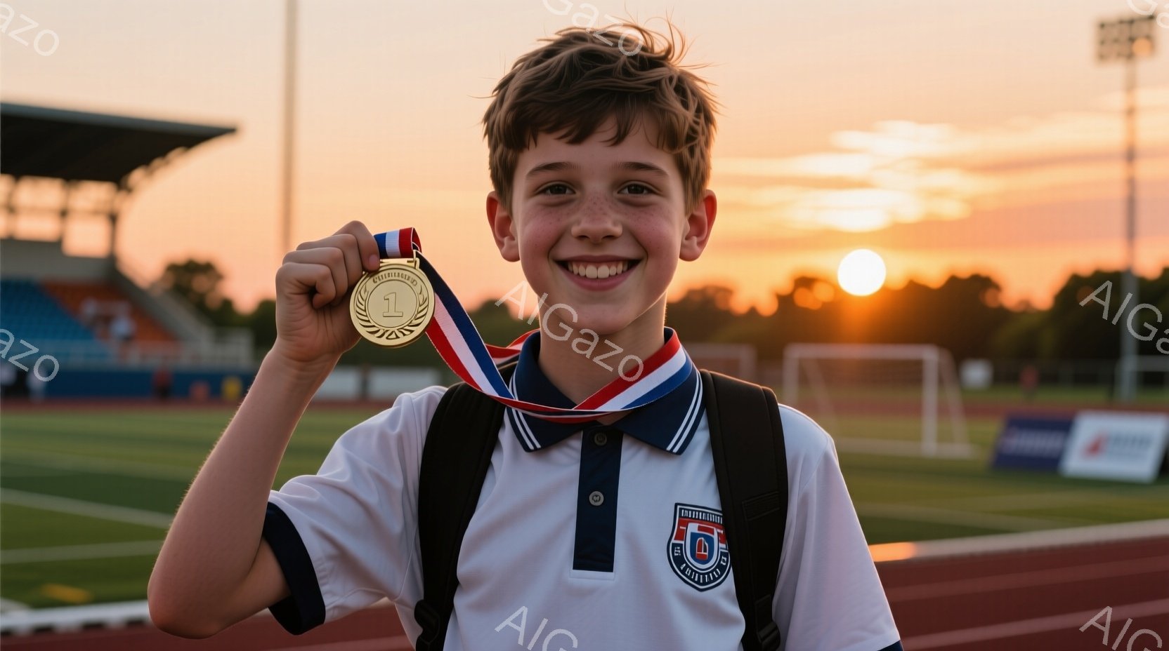 少年は競技場で金メダルを首にかけて満面の笑みを浮かべている。白いポロシャツに黒いジャケットを羽織り、茶色の髪を無造作にとかしている。背景にはトラック、ゴールネット、そして夕焼け空が広がり、勝利と希望に満ちた雰囲気を醸し出している。