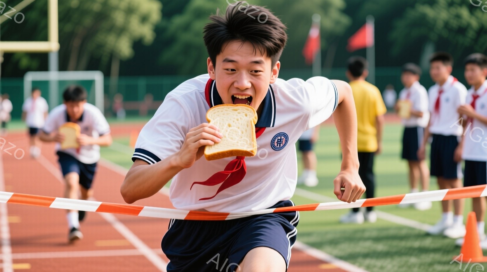 男子は白い制服シャツにネクタイと紺色の短パンを着用し、走りながらパンを食べている。彼の表情は真剣で、まるで障害物競争のような状況で、前進しようとしている様子が伺える。背景にはトラックと他の生徒がぼやけており、晴れた日の屋外で活動的な雰囲気が漂っている。