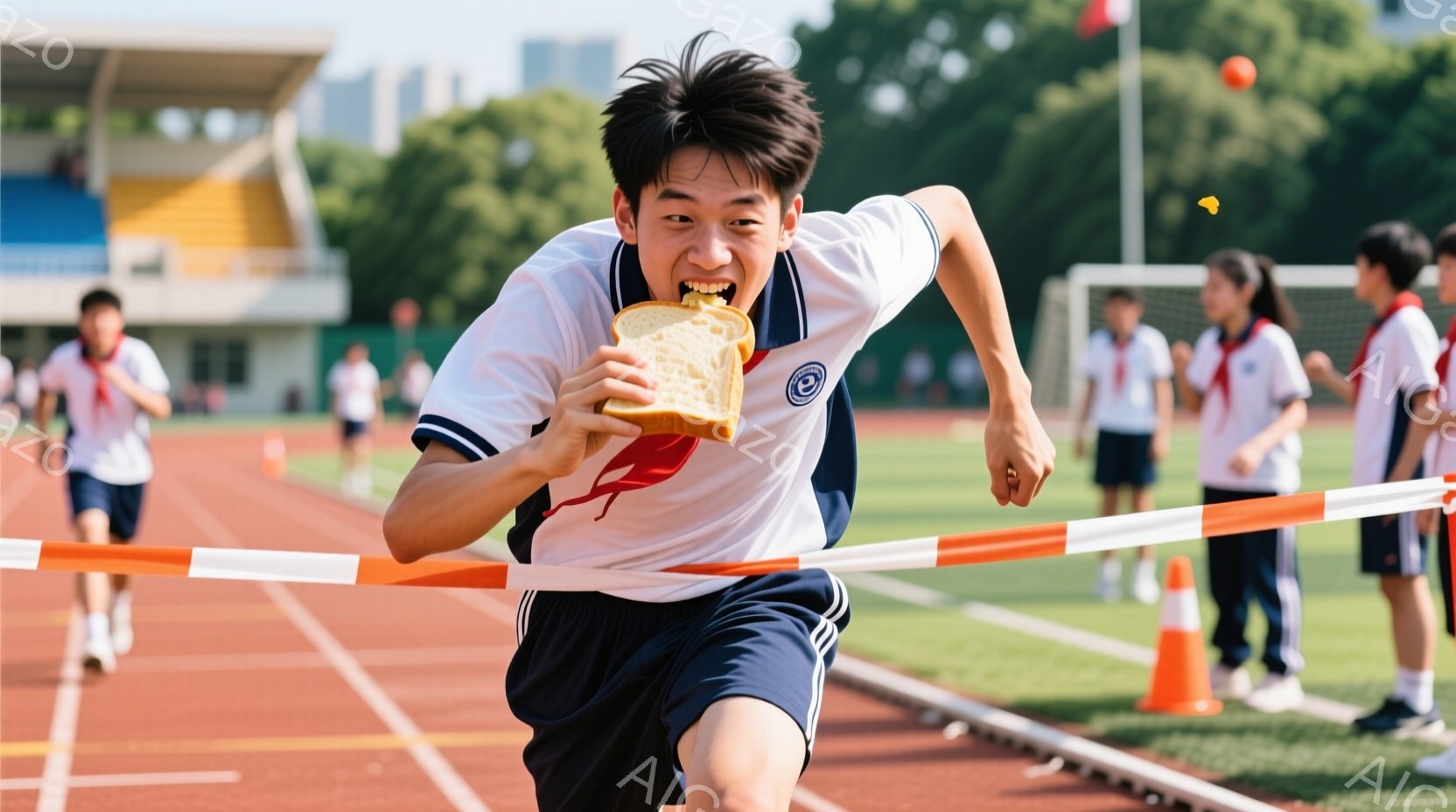 短い黒髪の少年が、競技場のトラックを走りながらパンを食べている。彼は白いシャツと紺色の短パンを着ており、真剣な表情でゴールを目指しているようだ。背景にはトラック、観客席、そして晴れた青空が広がり、活気 - AI生成フリー素材