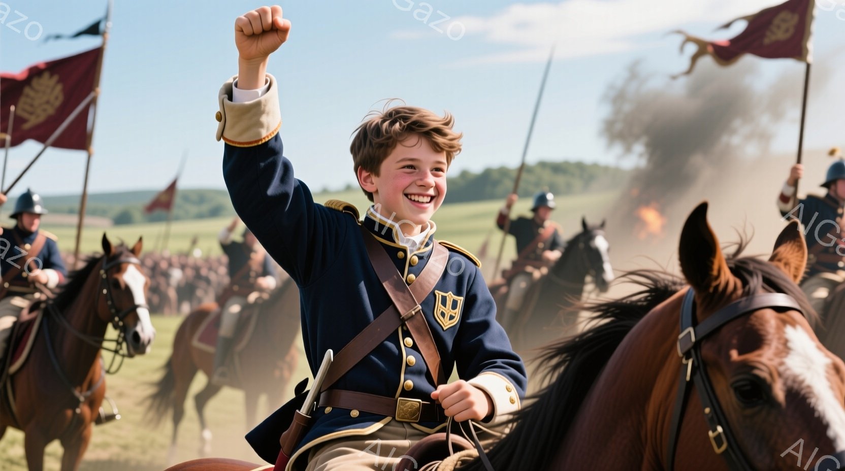 若い少年が馬に乗って、勝利を象徴するように片手を高く挙げ、満面の笑みを浮かべている。彼は紺色の軍服に金色の装飾が施され、胸には盾の紋章が輝いている。背景には、多くの兵士が馬に乗って整列し、遠くには煙が立ち込める戦場が広がっており、晴天の下、活気に満ちた雰囲気が漂う。