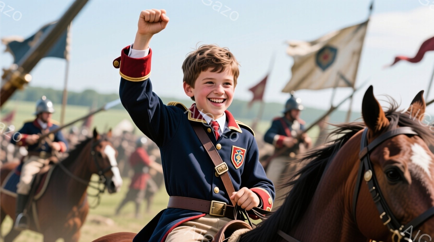 若い少年が馬に乗って、青い軍服を着て、片手を高く上げています。彼の服装には赤い装飾が施され、胸元には紋章がついています。背景には、旗、兵士、そして緑豊かな風景が広がっており、晴天の下で活気ある雰囲気が漂っています。