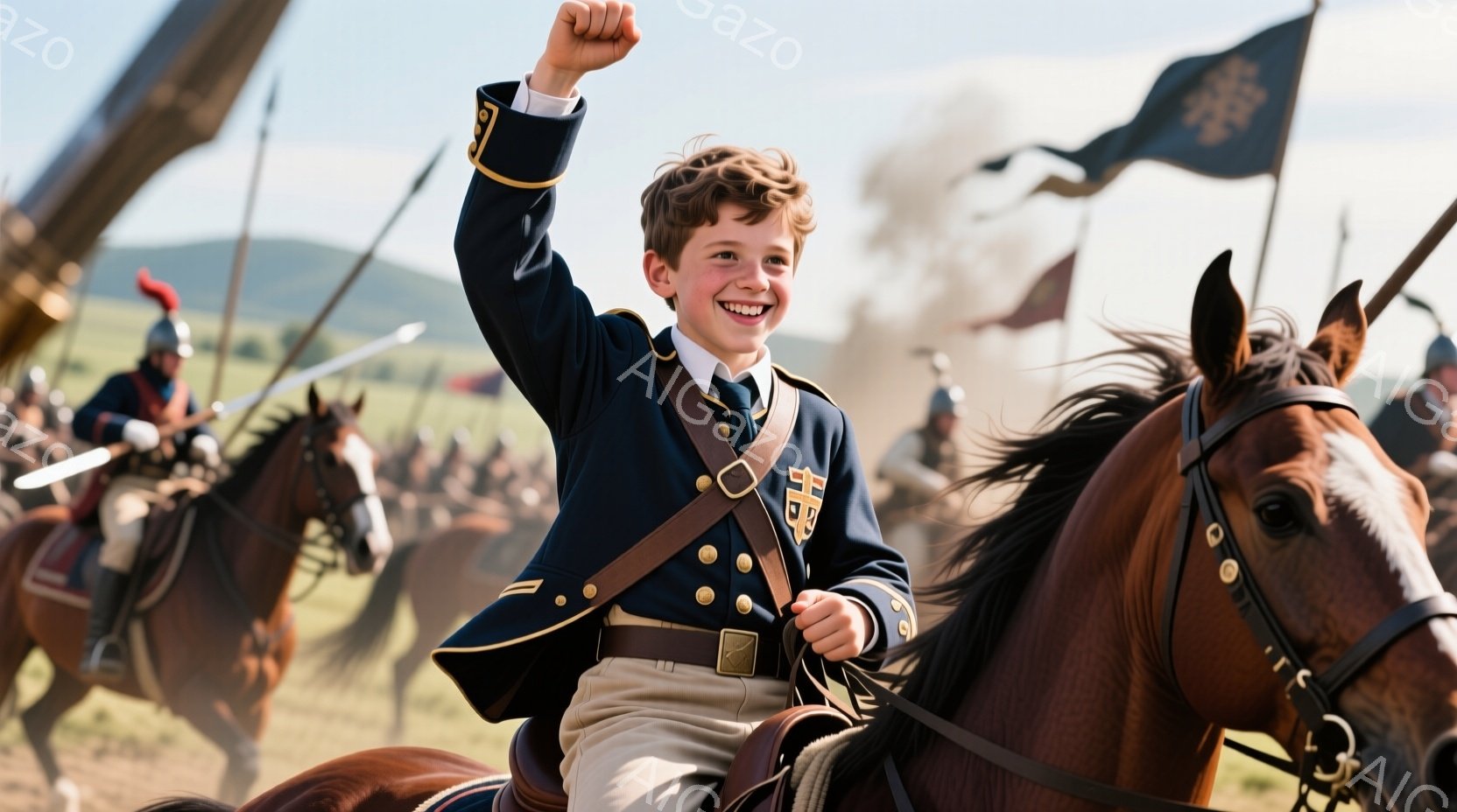 少年は、紺色の軍服に身を包み、茶色の馬に乗って腕を高く上げて歓喜している。背景には、兵士たちが密集し、旗がはためき、遠くには緑の丘が見え、戦場のような雰囲気である。少年の表情は明るく、活気に満ちており、全体的に高揚感のある、歴史的な瞬間を捉えた写真である。