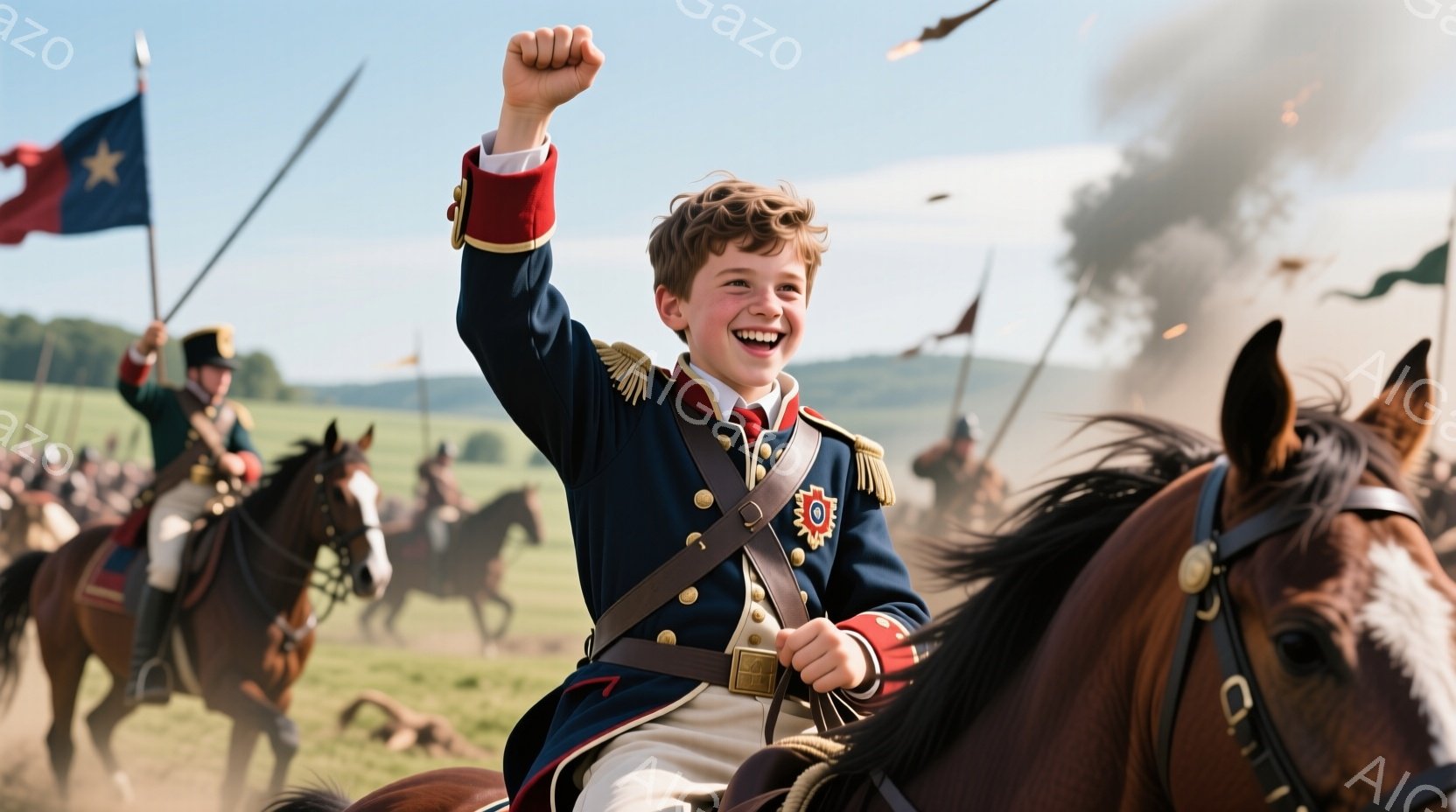 若い少年が馬に乗り、右手を高く上げて喜んでいる様子が描かれています。彼は青い軍服に赤い縁取りがあり、金色の肩章と装飾が施された華やかな衣装を身に着けています。背景には、旗を掲げた兵士たちが広がる緑の草原と、煙が立ち込める戦場が広がっており、活気に満ちた、勝利を祝うような雰囲気が伝わってきます。