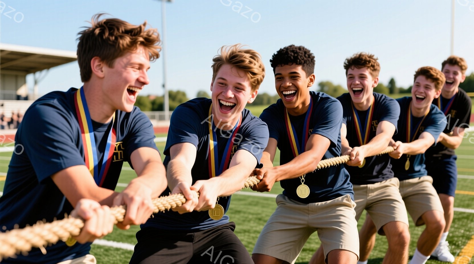 5人の若い男性が、力強く綱引きをしている様子が写っている。彼らは紺色のTシャツとベージュのショートパンツを着用し、首には金色のメダルをつけている。背景には緑の芝生とトラック、そして遠くに見える建物があり、晴れた空の下で、活気に満ちた競技の雰囲気が伝わってくる。