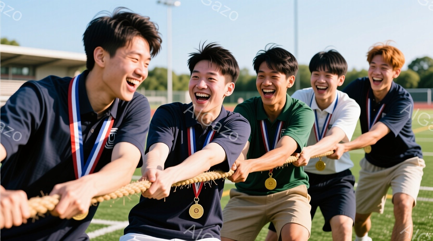 5人の若い男性が綱引きをしており、皆笑顔で興奮している様子が伺える。紺色のポロシャツと短いズボンを着用し、首には金色のメダルが掛かっている。背景には緑の芝生と建物、そして晴れた空が見え、明るく活気のある雰囲気が漂っている。