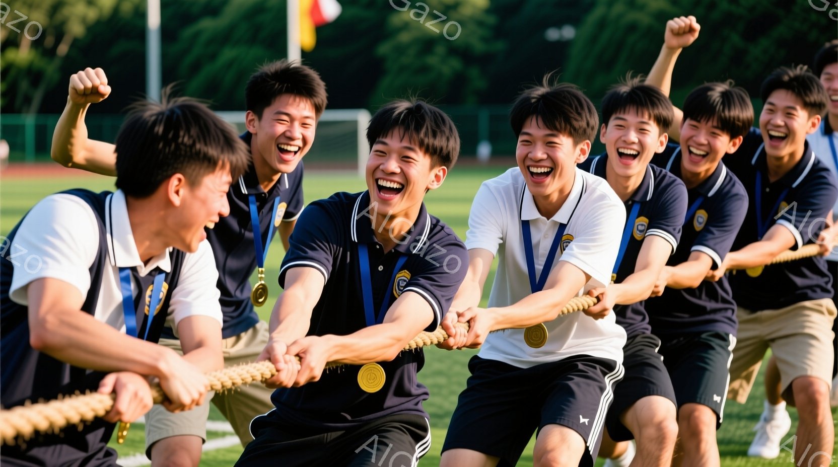 ロープを引き合う若い男性たちのグループが写っている。紺色のポロシャツとベージュ色の短パンを着用し、皆笑顔で引き合い、活気に満ちている。背景には緑の芝生と木々が見え、晴れた日の屋外での活動を示している。