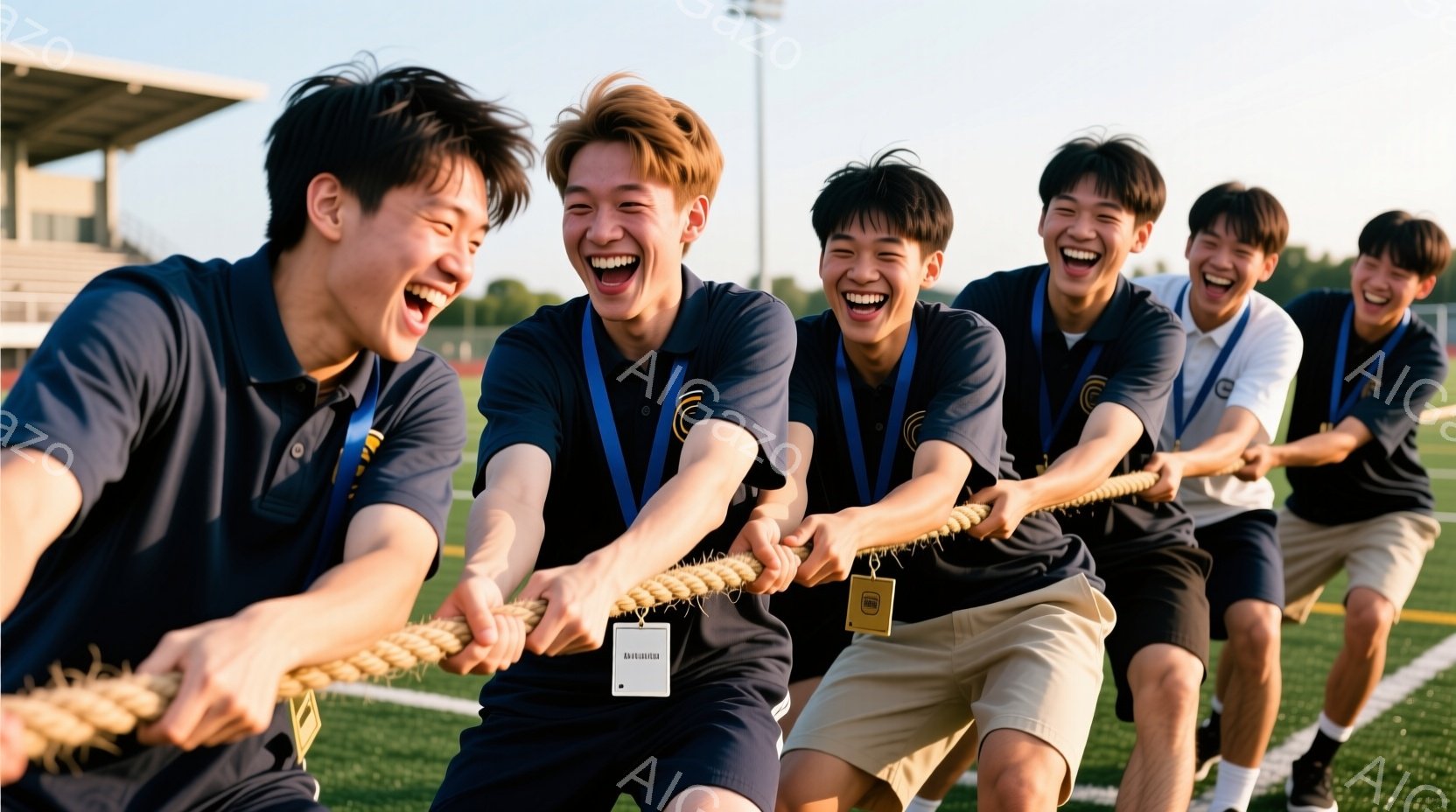 紺色のポロシャツと短い紺色のズボンを着用した若い男性たちが、太い麻のロープを引っ張って綱引きをしている様子が写っている。皆、満面の笑みを浮かべ、力強くロープを握り、競争を楽しんでいるようだ。背景には緑の芝生と、観客席のような建物が見え、晴れた日の屋外イベントの活気ある雰囲気が伝わってくる。