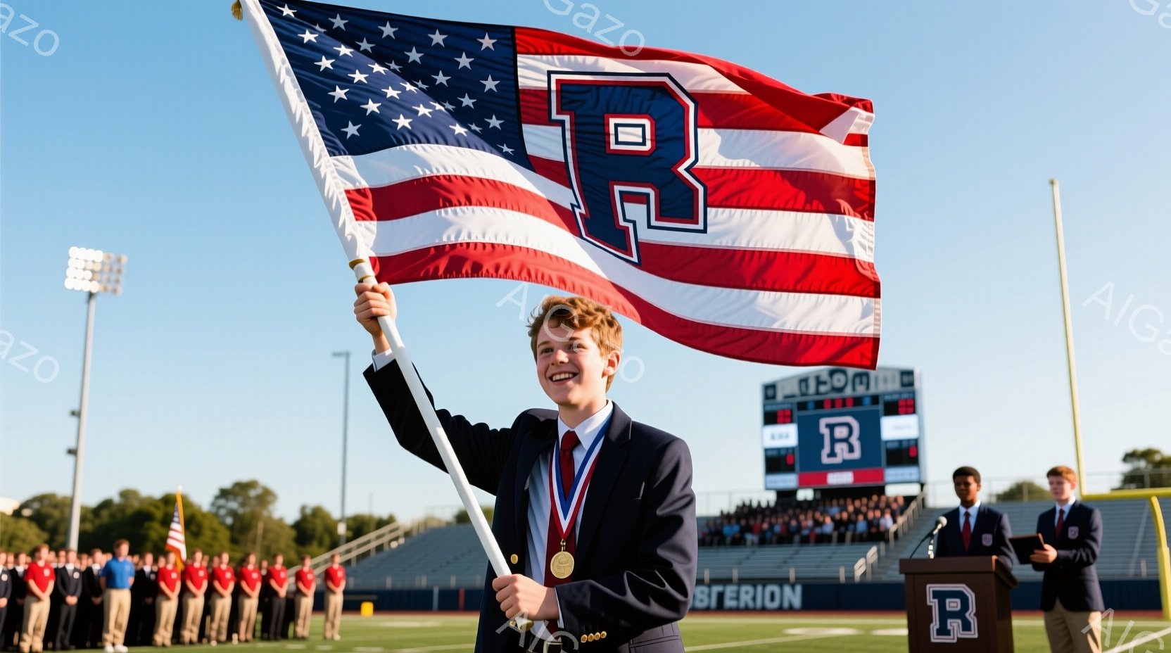 若い男性が、赤、白、青のストライプと星が描かれた旗を高く掲げています。彼はネイビーブルーのジャケットと赤いネクタイを着用し、メダルをつけており、勝利の喜びを表す笑顔を浮かべています。背景には芝生のフィールド、観客席、そしてスコアボードがあり、晴天の下、スポーツイベントの勝利を祝う活気ある雰囲気が伝わってきます。