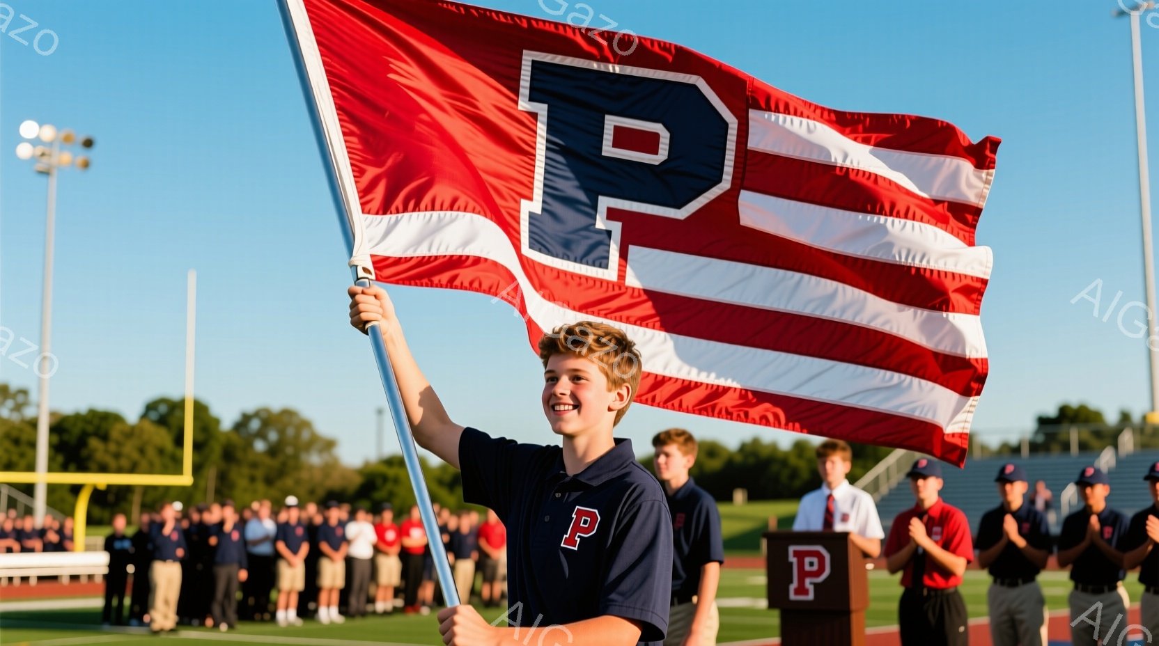 少年は、赤いストライプと白いストライプが入った旗を高く掲げ、満面の笑みを浮かべている。紺色のポロシャツには「P」の文字が刺繍されており、短髪で元気な印象を与える。背景には、観客席と緑の芝生、そして青空が広がり、晴れた日のイベントの活気を感じさせる。