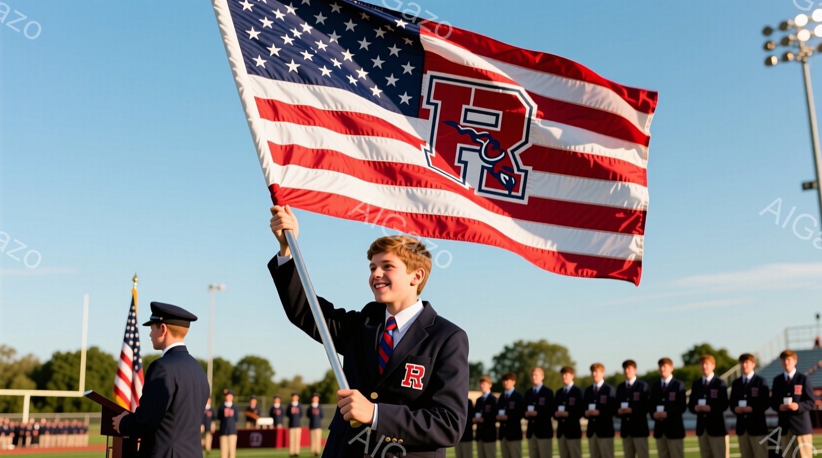 若い男性が、赤い背景に白い文字の「R」が入った旗を高く掲げています。彼は紺色のブレザー、白いシャツ、赤いネクタイを着用し、満面の笑みを浮かべています。背景には、制服を着た他の男性たちが整列しており、緑 - AI生成フリー素材