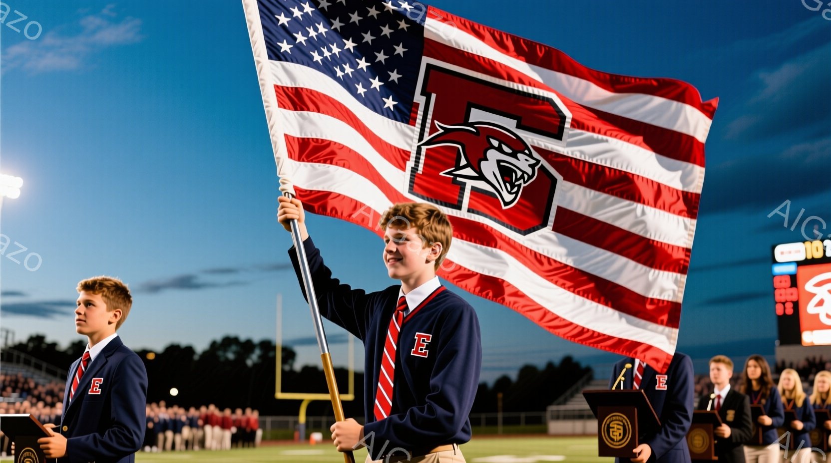 夜のフットボールスタジアムで、制服を着た少年がアメリカ国旗を高く掲げています。少年は茶色の髪で、笑顔を浮かべ、紺色のブレザーと赤いネクタイ、ベージュのズボンを着用しています。背景には緑のフィールド、観客席、そして夕暮れ時の空が広がっており、活気にあふれた雰囲気が伝わってきます。