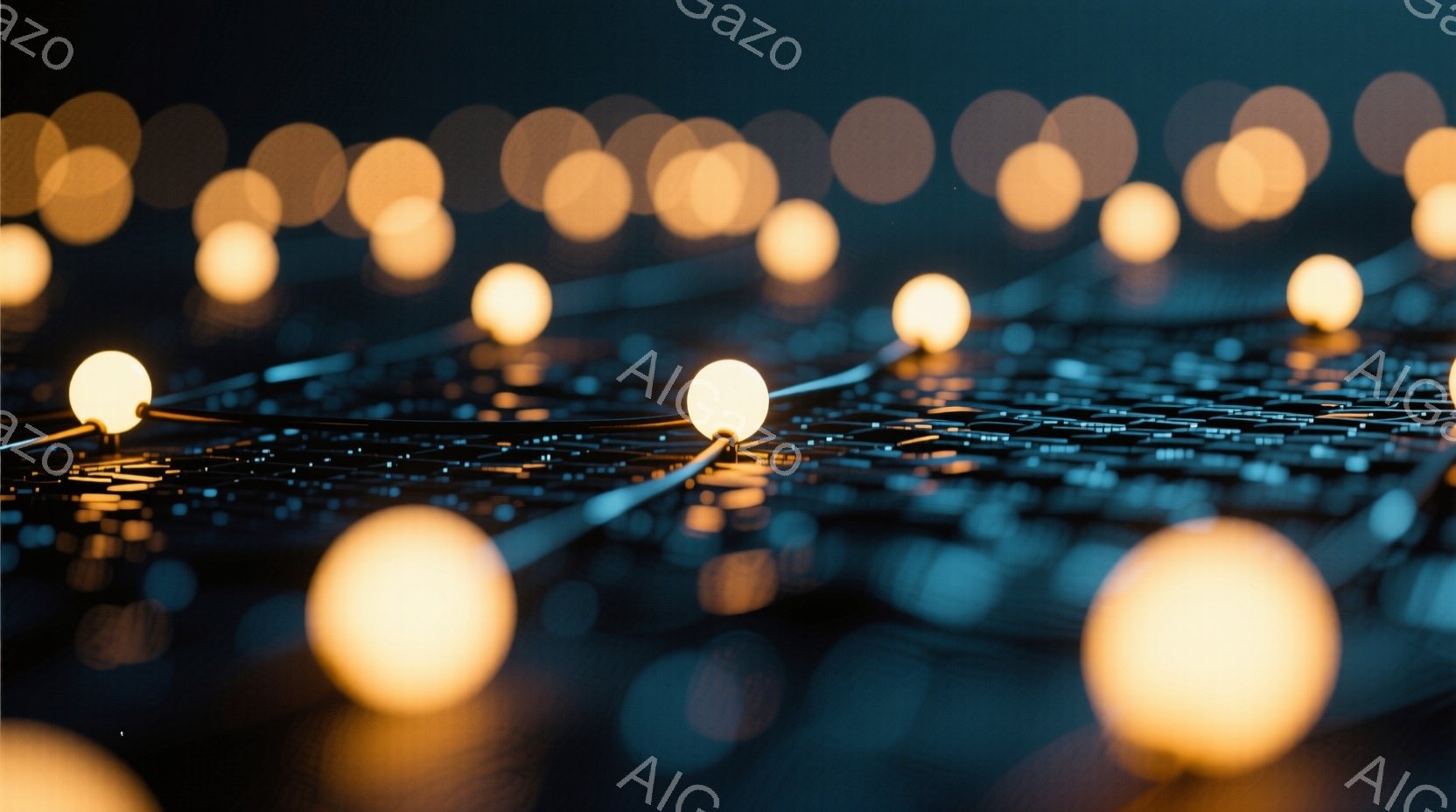 ぼやけた光の連なりが、暗い背景に浮かび上がっている写真です。丸い電球のような光が、まるで星空のように、規則的に並んでおり、温かく幻想的な雰囲気を醸し出しています。背景は暗く、光の輝きがより一層強調され - AI生成フリー素材