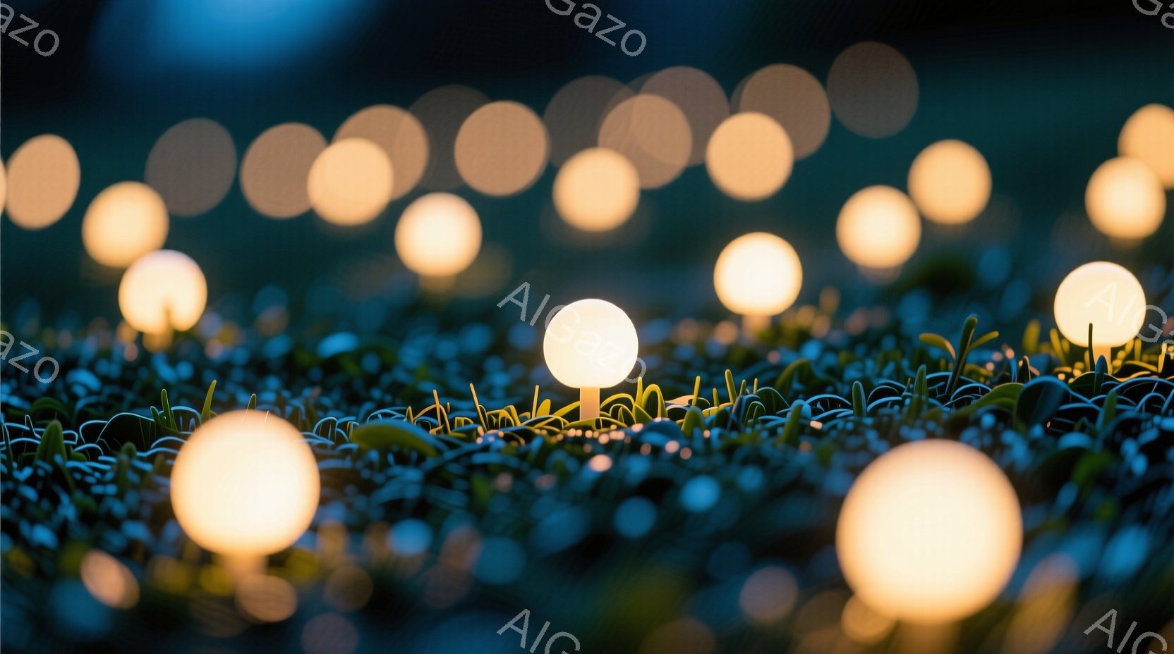 多くの光る球体が緑色の低い草の上に散らばっており、幻想的な光景を作り出している。球体は暖かく柔らかな光を放ち、周囲の暗闇の中でぼんやりと輝いている。背景は暗く、球体からの光が草のテクスチャを強調し、穏 - AI生成フリー素材