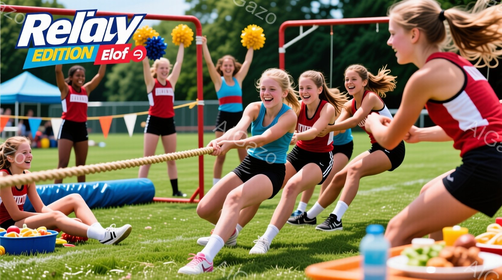 女子たちが綱引きの競技に熱中している様子が写っている。彼女たちは赤いトリムの入った青いTシャツと黒いショーツを着用し、髪はポニーテールに結んでいる。背景には緑の芝生、青い空、そして遠くに建物が見え、晴れた日の活気ある雰囲気が漂っている。