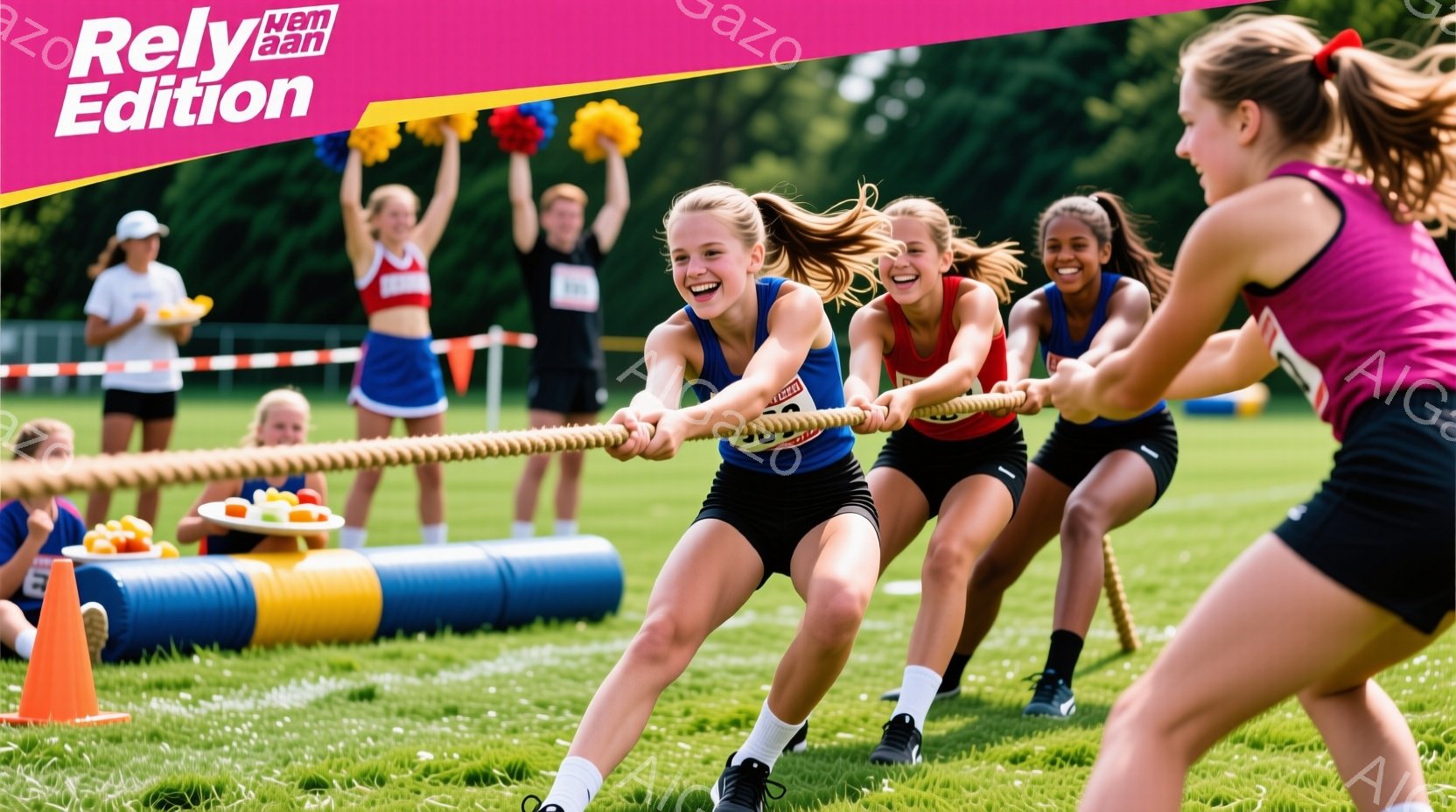 青々とした芝生の上で、少女たちが綱引きをしている様子が写っている。彼女たちはそれぞれ赤い、青い、黒いスポーツウェアを着用し、髪をポニーテールにしている。背景には、観客席やコーン、そして青い障害物が見え、晴天の下で活気のある競技が行われているのがわかる。