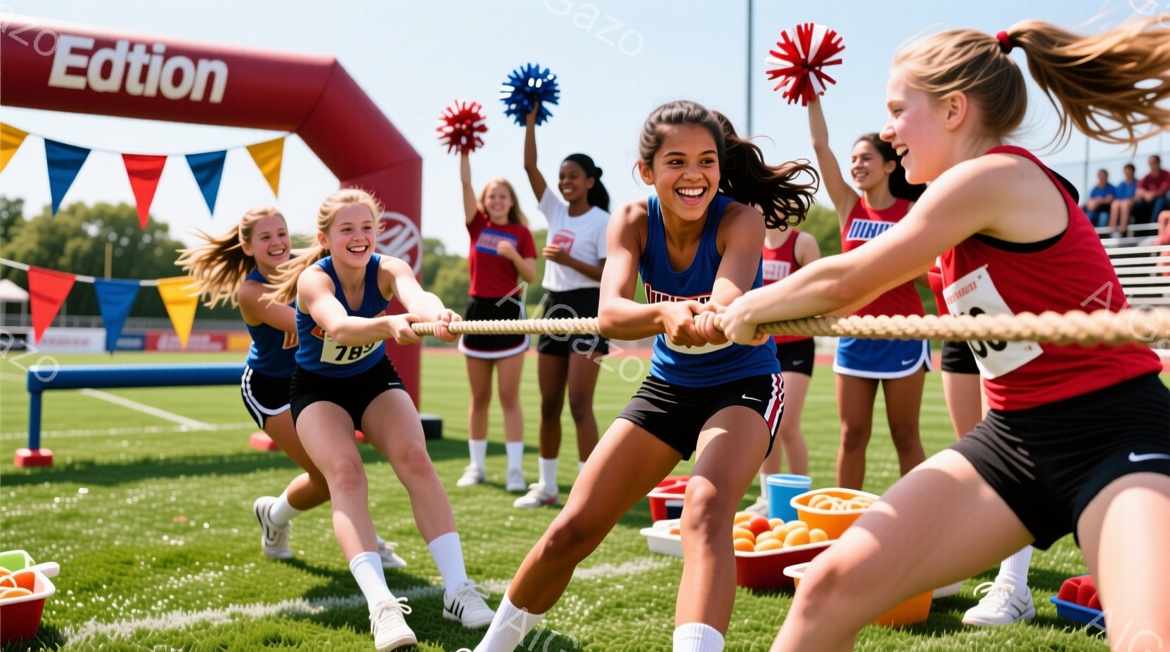 青と赤のチームに分かれた少女たちが綱引きをしている様子を捉えています。少女たちはスポーティーな服装で、髪をポニーテールや三つ編みにし、笑顔で力強く綱を引いています。背景には緑の芝生、観客席、そして青い - AI生成フリー素材