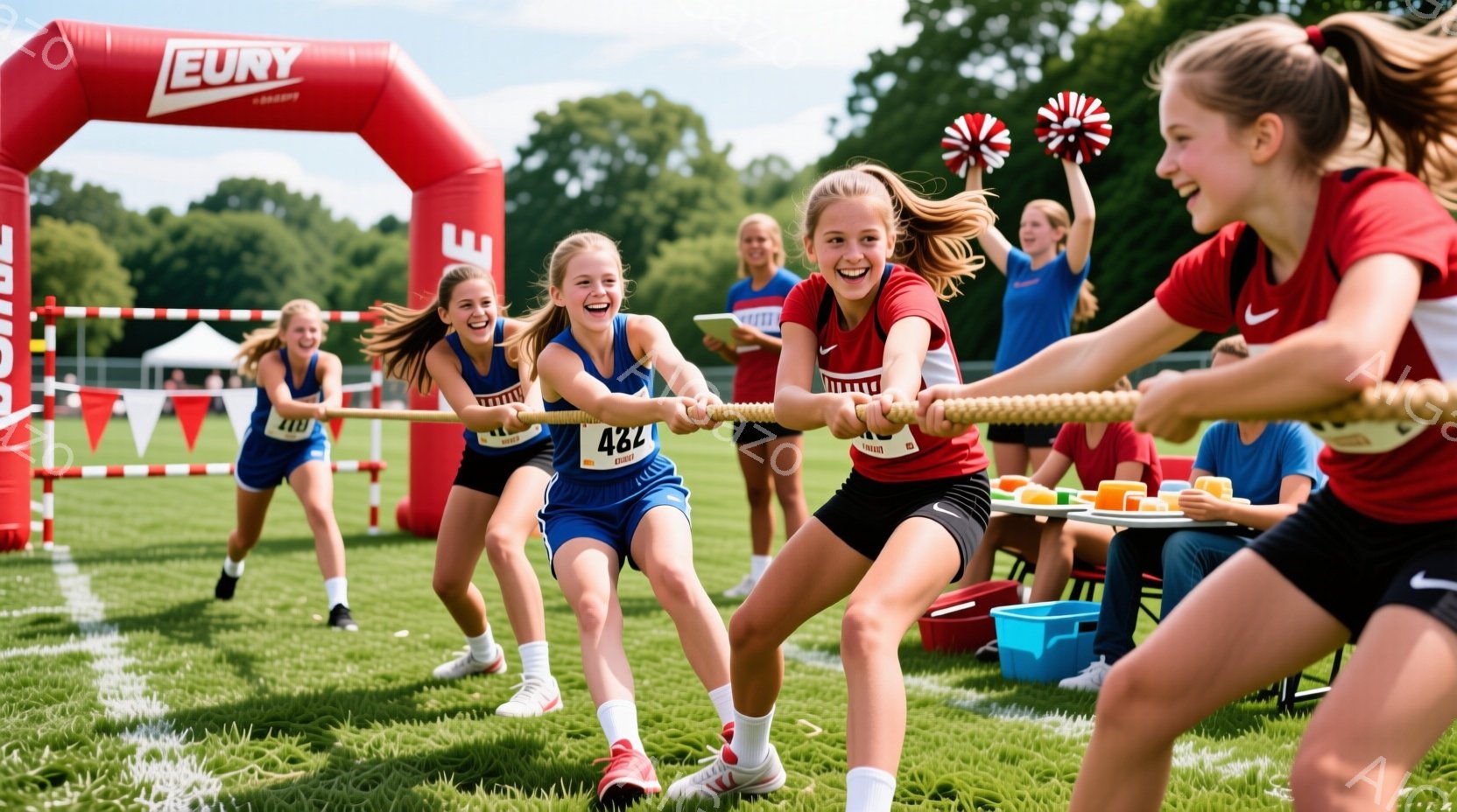 少女たちが芝生の上で綱引きをしており、皆が非常に熱心で、顔には笑顔と集中が見られます。彼女たちはそれぞれ番号のついたスポーツウェアを着ており、髪はポニーテールに結ばれています。背景には、カラフルな旗、 - AI生成フリー素材