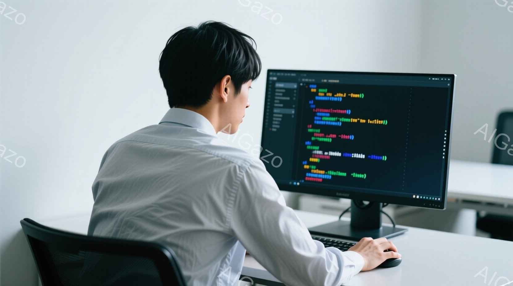 白いシャツを着た男性がパソコンに向かって座っており、画面にはプログラミングコードが表示されています。彼は黒髪で、後ろ姿からは真剣な表情が伺えます。背景は明るいオフィスの一室で、集中して作業に取り組んでいる様子が伝わってきます。